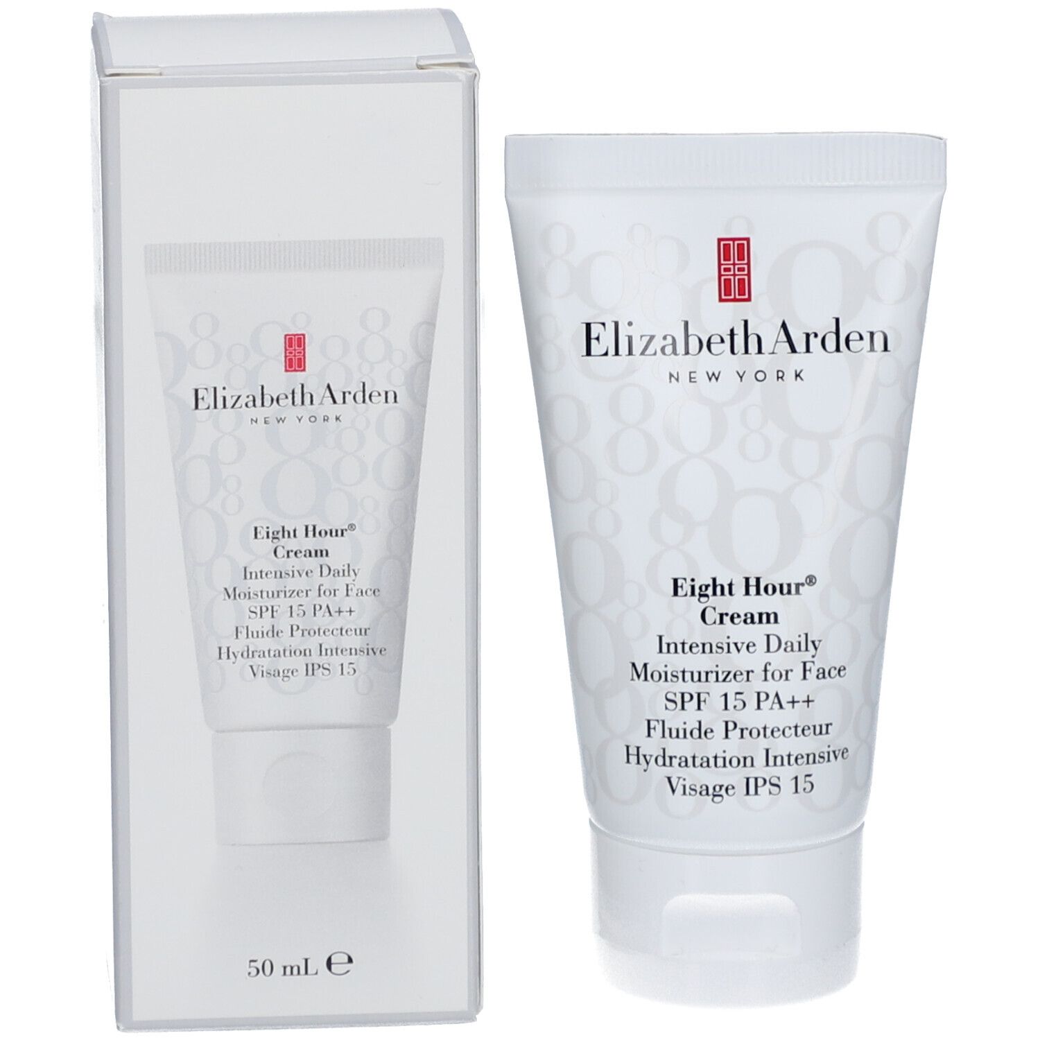 Tubo e scatola bianchi. Logo Elizabeth Arden e informazioni prodotto. Eight Hour Cream, SPF 15.