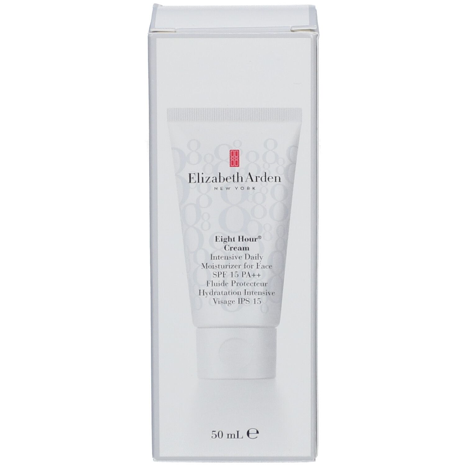 Scatola bianca con logo Elizabeth Arden e informazioni prodotto. Eight Hour Cream, SPF 15, 50 ml.