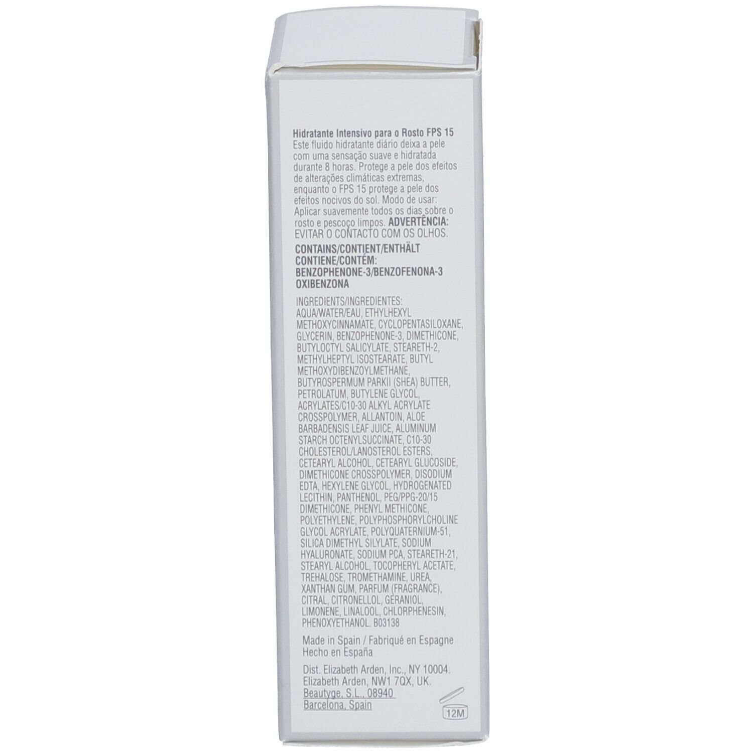 Retro della scatola bianca. Testo multilingue, ingredienti e informazioni sul produttore inclusi.