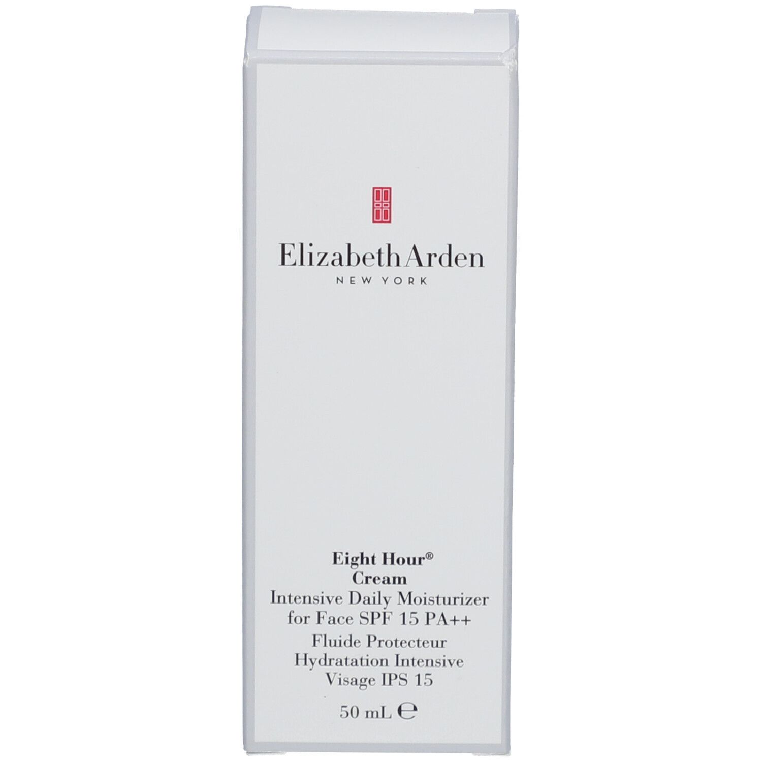 Scatola bianca con logo Elizabeth Arden e informazioni prodotto. Eight Hour Cream, SPF 15, 50 ml.