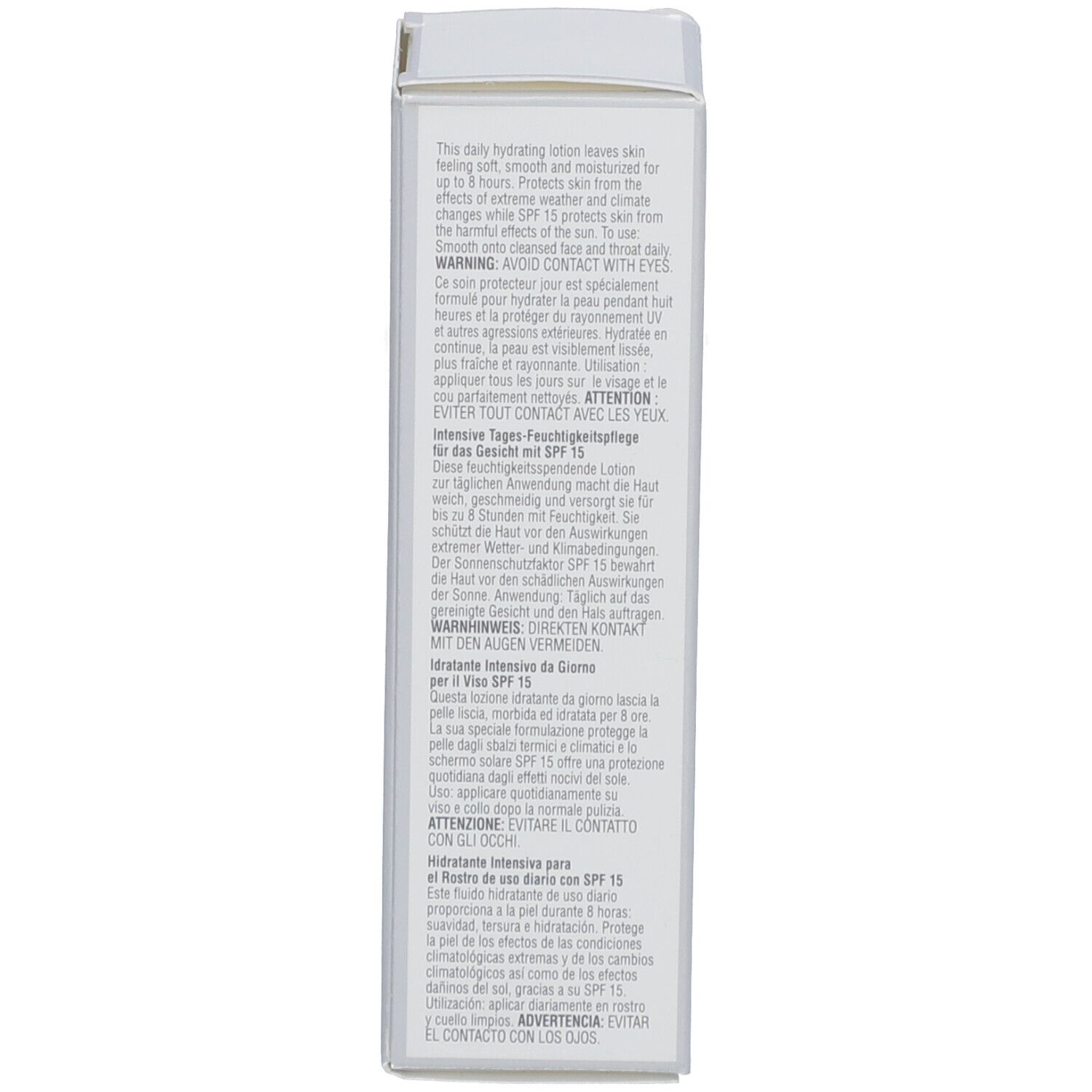 Retro della scatola bianca. Testo multilingue, istruzioni per l'uso e avvertenze.