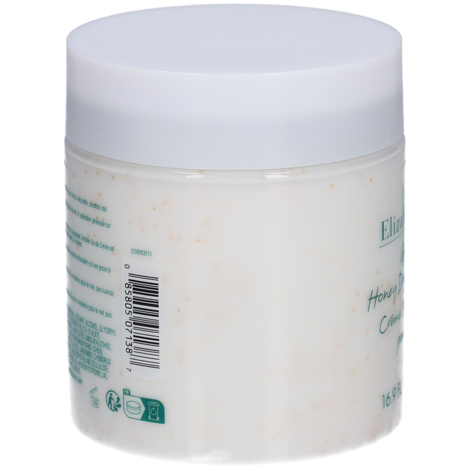 Vaso bianco con coperchio. Sul lato codice a barre e testo. Prodotto: Elizabeth Arden Green Tea Honey Drops Body Cream.
