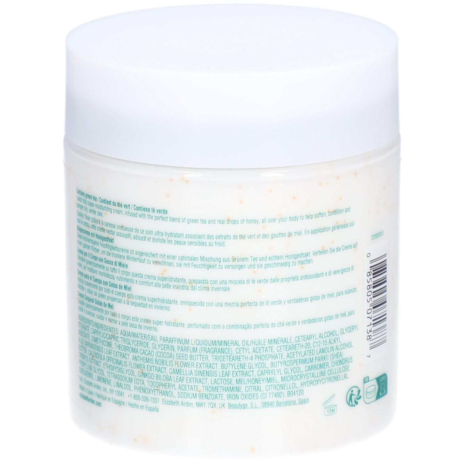 Vaso bianco con coperchio. Retro con testo. Prodotto: Elizabeth Arden Green Tea Honey Drops Body Cream.