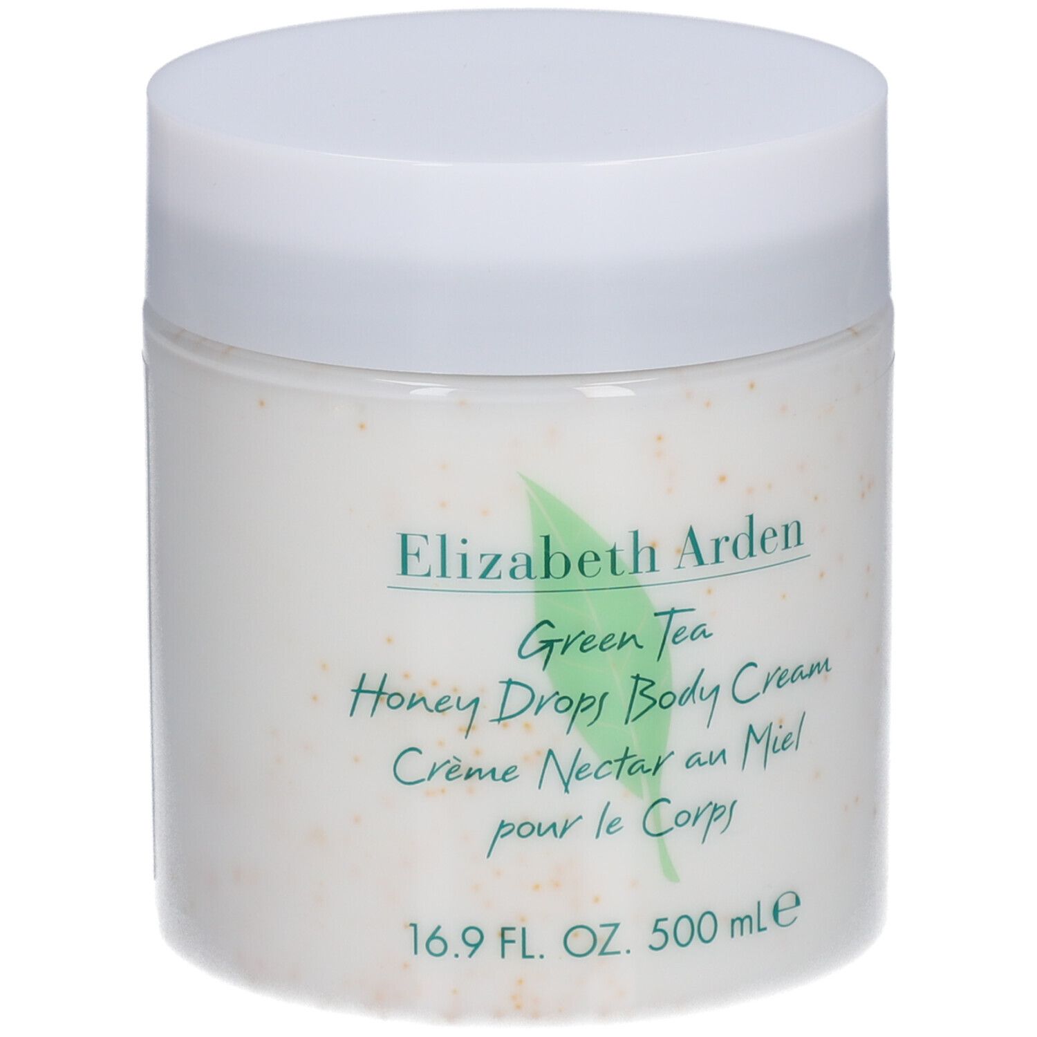 Vaso bianco con coperchio. Scritta: Elizabeth Arden, Green Tea, Honey Drops Body Cream. 16.9 FL. OZ. 500 ml.