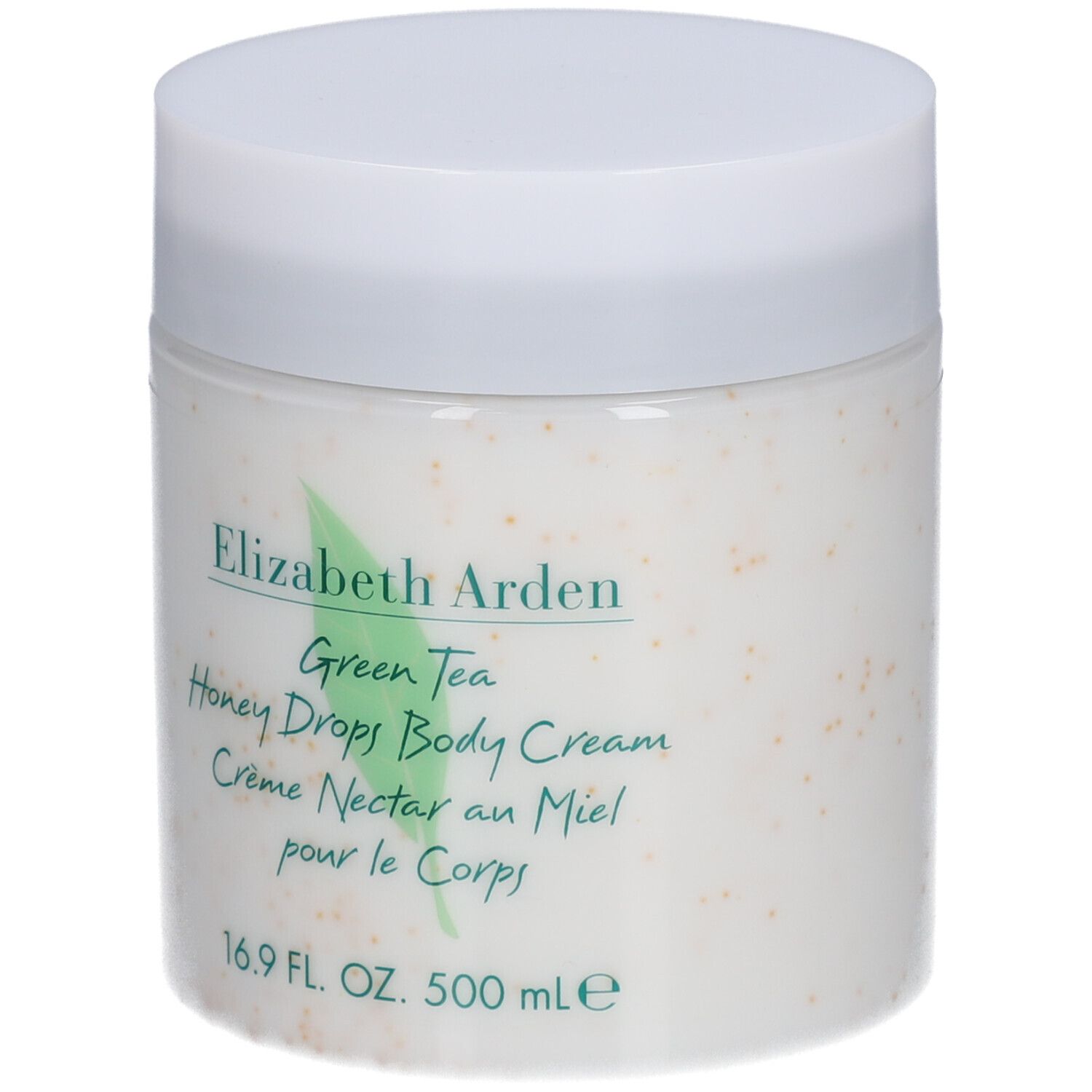 Vaso bianco con coperchio. Scritta: Elizabeth Arden, Green Tea, Honey Drops Body Cream. 16.9 FL. OZ. 500 ml.