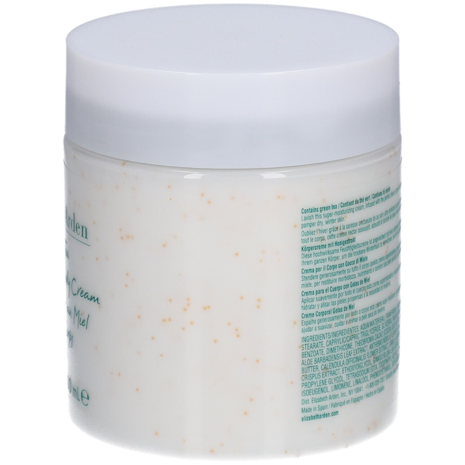 Vaso bianco con coperchio. Retro con testo. Prodotto: Elizabeth Arden Green Tea Honey Drops Body Cream.
