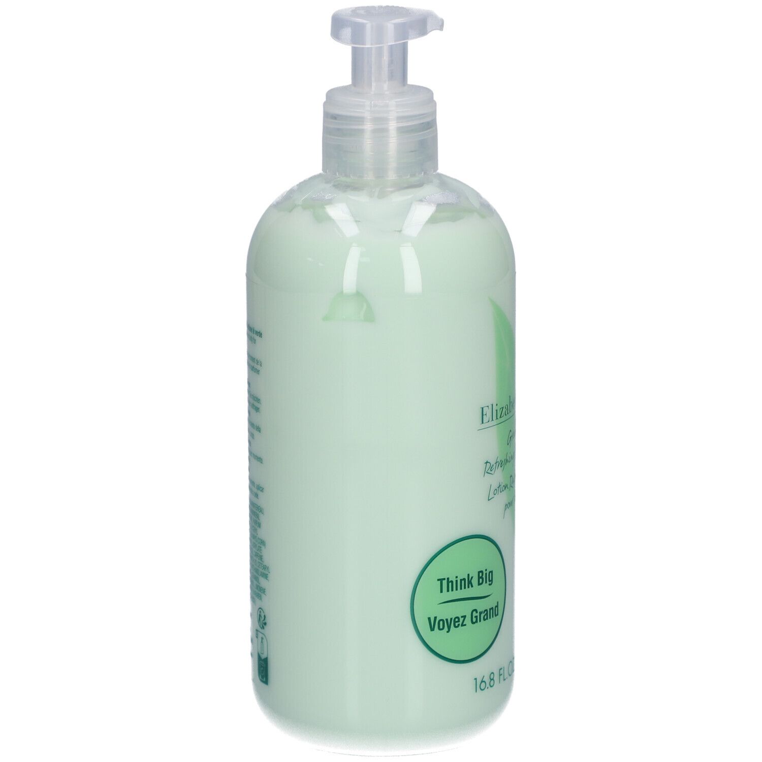 Flacone verde con dosatore. Elizabeth Arden Green Tea Lotion. Retro con testo e codice a barre.