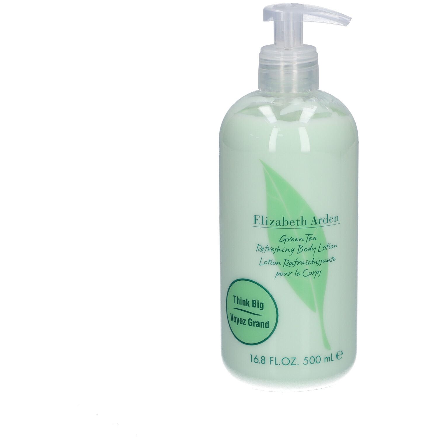 Flacone verde con dosatore. Elizabeth Arden Green Tea Lotion. Logo foglia verde. Testo: Think Big, Voyez Grand.