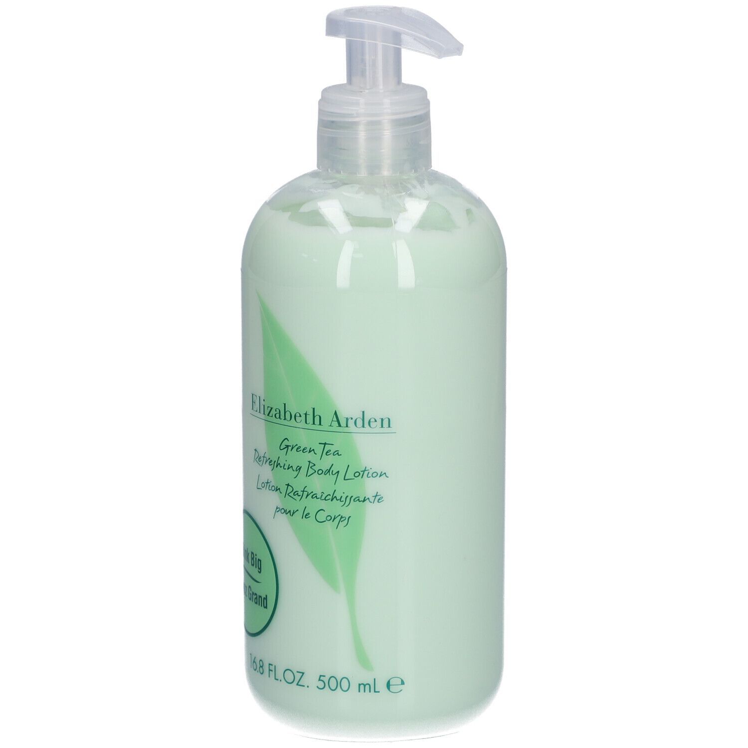 Flacone verde con dosatore. Elizabeth Arden Green Tea Lotion. Logo foglia verde. Testo: Think Big, Voyez Grand.