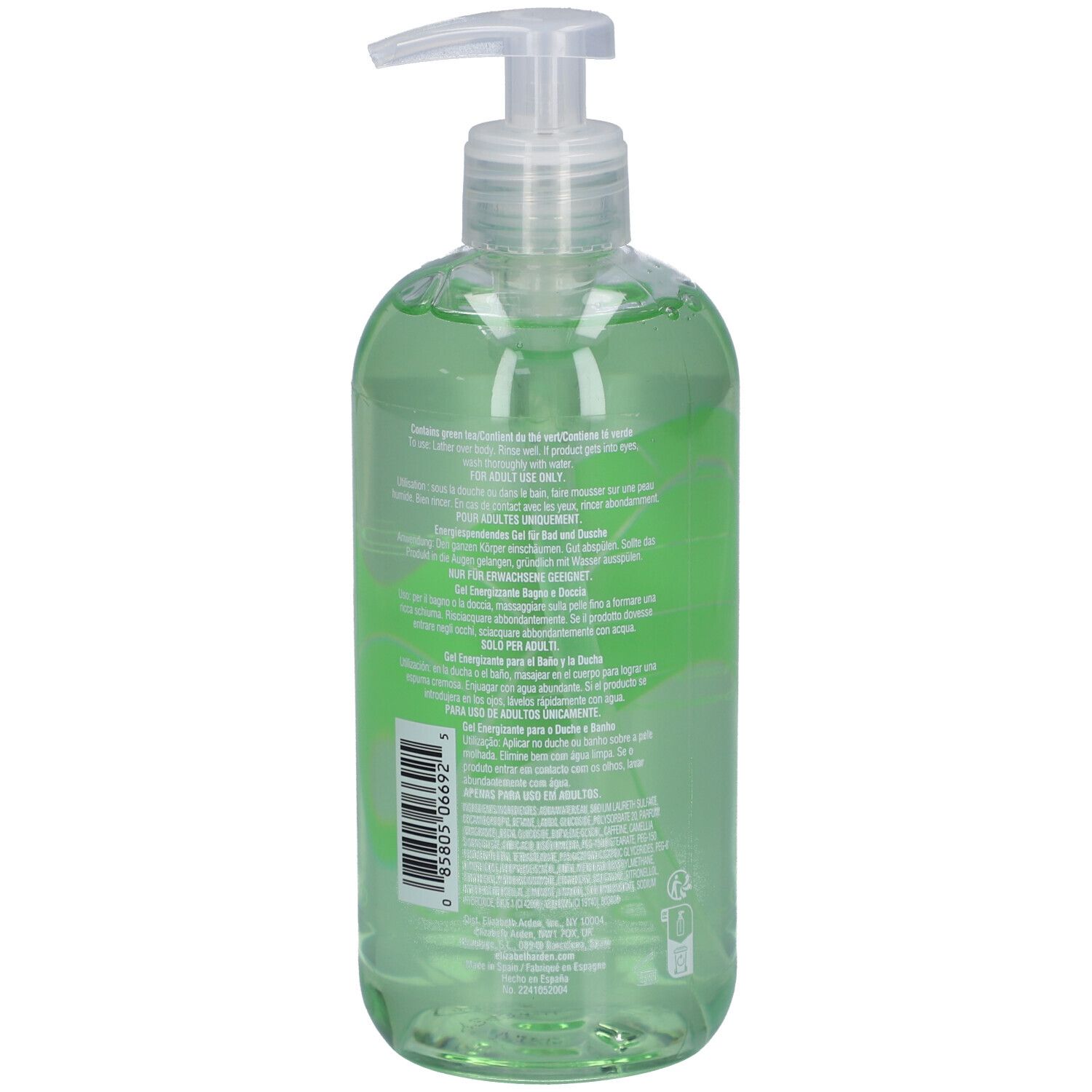 Retro di una bottiglia di gel doccia verde con testo. Scritta: Elizabeth Arden Green Tea.