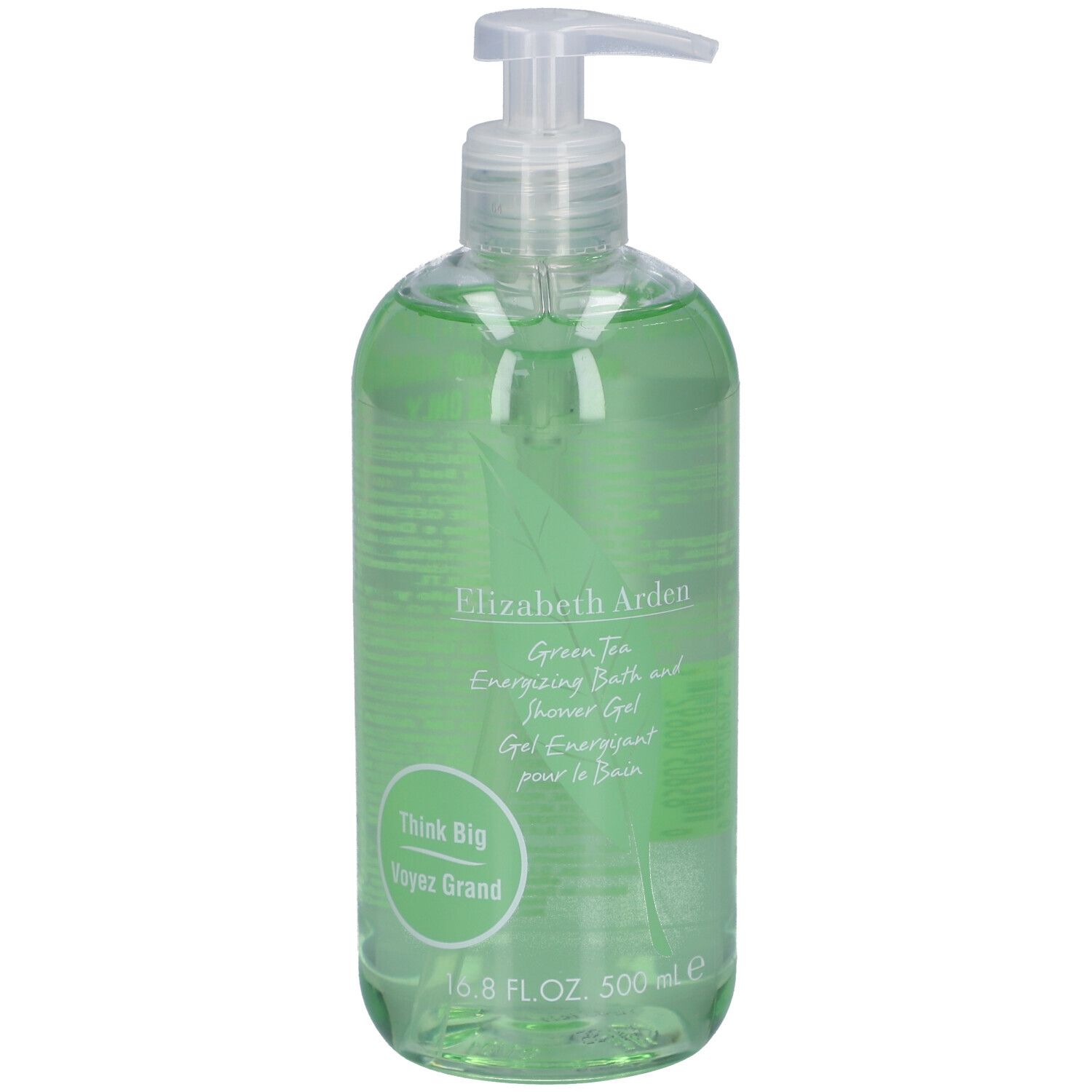 Gel doccia verde con dosatore a pompa. Scritta: Elizabeth Arden Green Tea. 500 ml.
