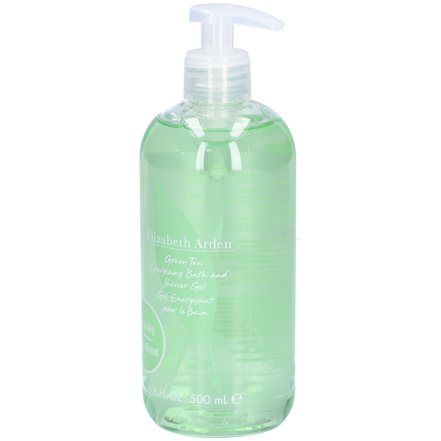 Gel doccia verde con dosatore a pompa. Scritta: Elizabeth Arden Green Tea. 500 ml.