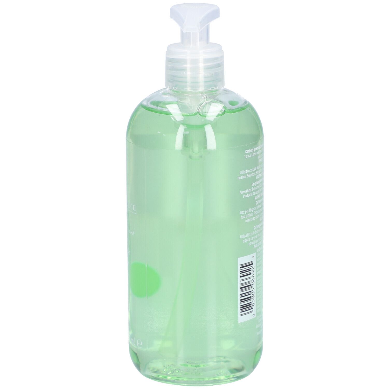 Retro di una bottiglia di gel doccia verde con testo. Scritta: Elizabeth Arden Green Tea.