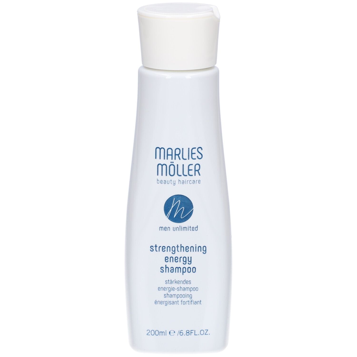 Flacone bianco di shampoo Marlies Möller. Testo: Men Unlimited, Strengthening Energy Shampoo. 200ml.