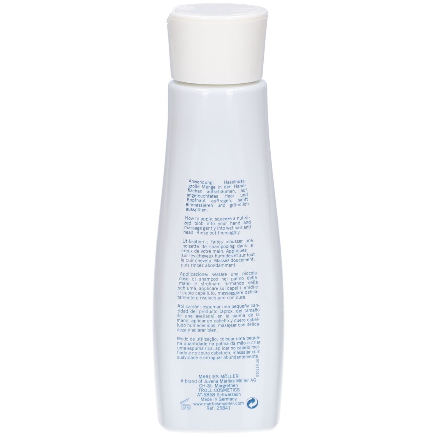 Retro del flacone di shampoo. Testo in più lingue. Logo Marlies Möller.