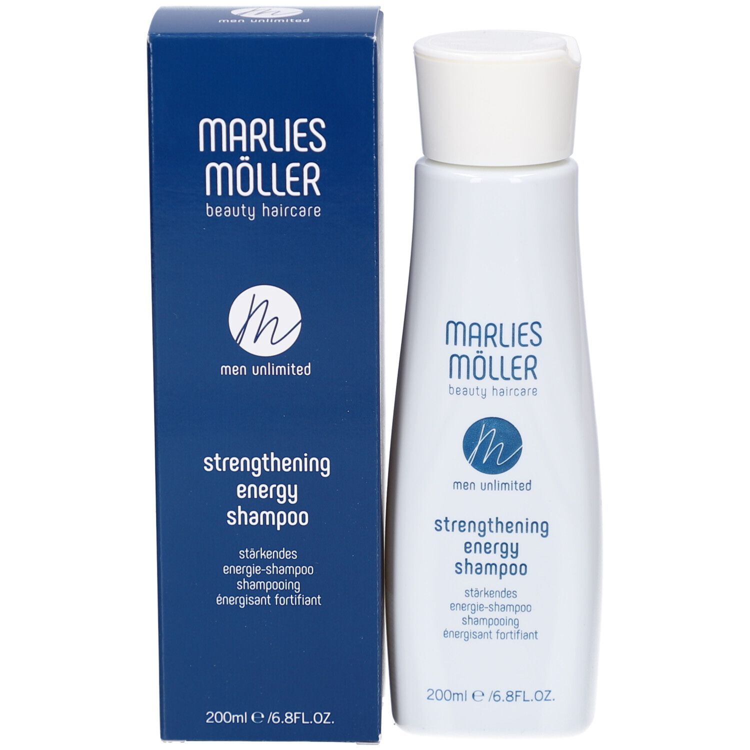 Shampoo Marlies Möller con confezione blu. Nome del prodotto e logo visibili.