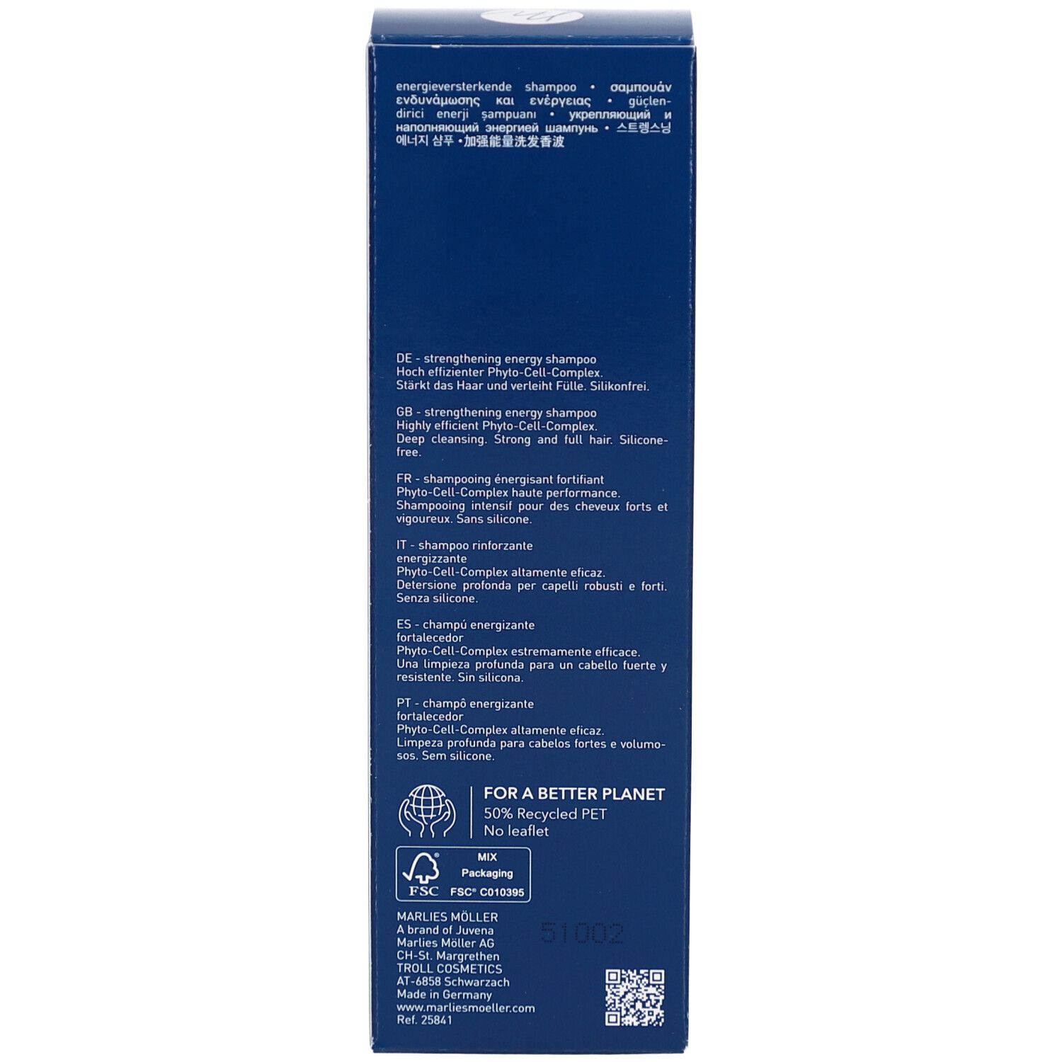 Retro della confezione blu. Testo in più lingue. Logo Marlies Möller.