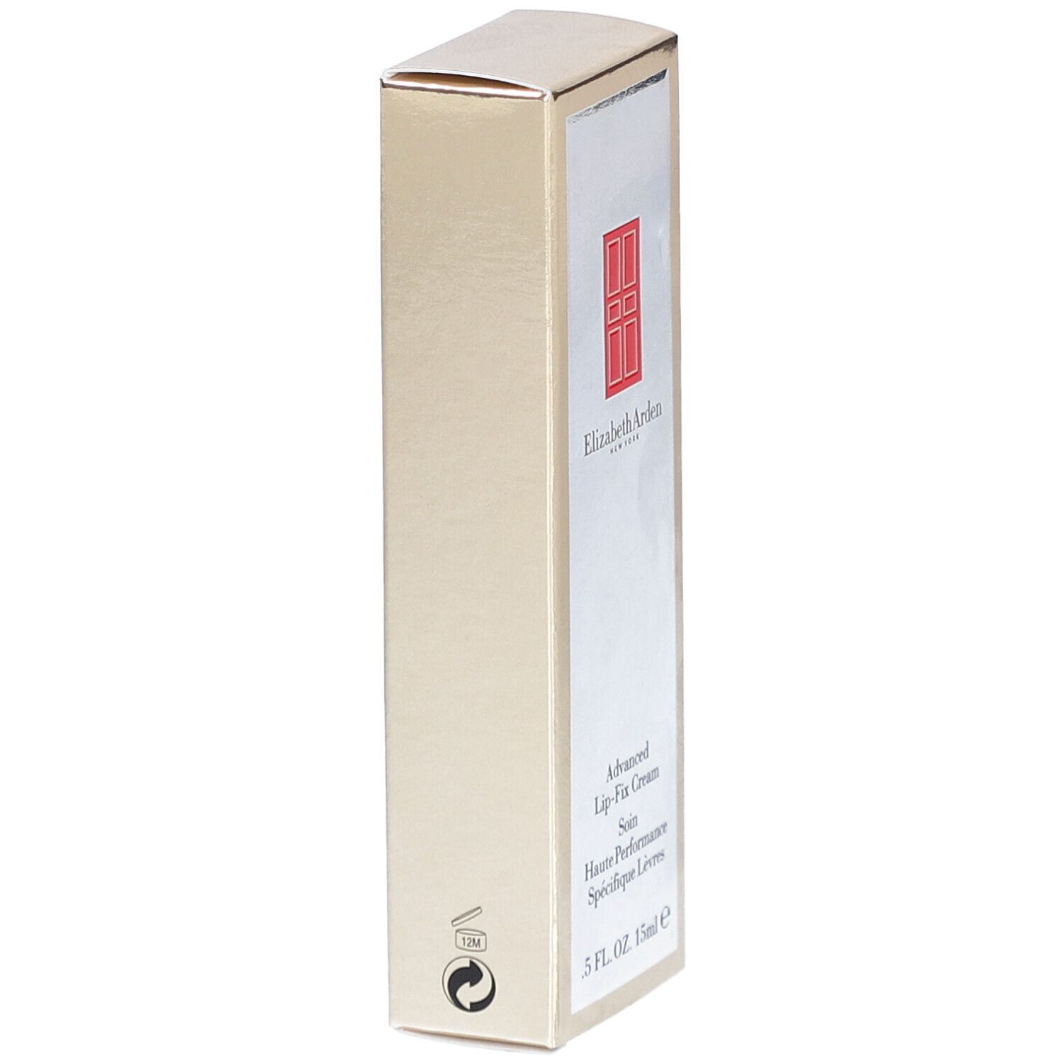 Scatola dorata, Elizabeth Arden Advanced Lip-Fix Cream. Lato argento con logo e nome del prodotto. 15ml.