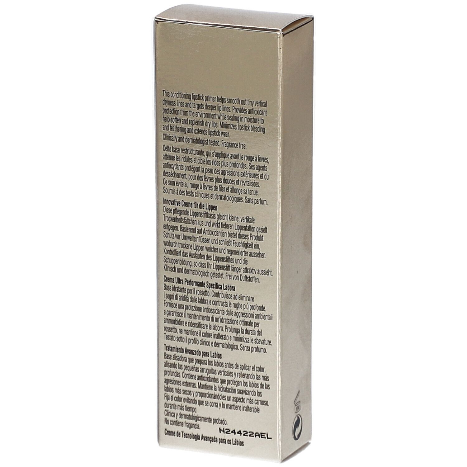 Retro della scatola con testo. Elizabeth Arden Advanced Lip-Fix Cream. Ingredienti e informazioni sul prodotto.