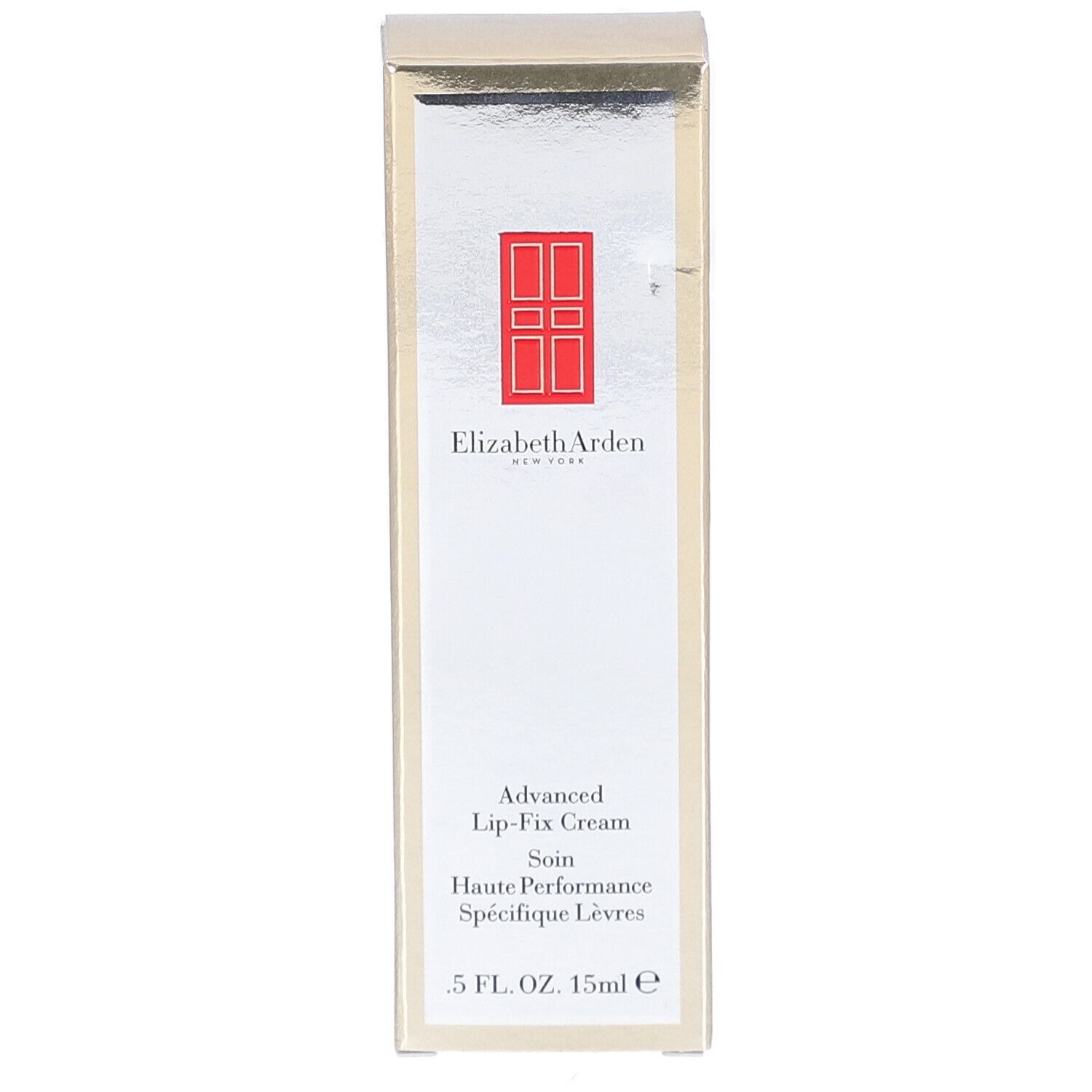 Scatola Elizabeth Arden Advanced Lip-Fix Cream. Fronte argento, logo rosso e nome del prodotto. 15ml.
