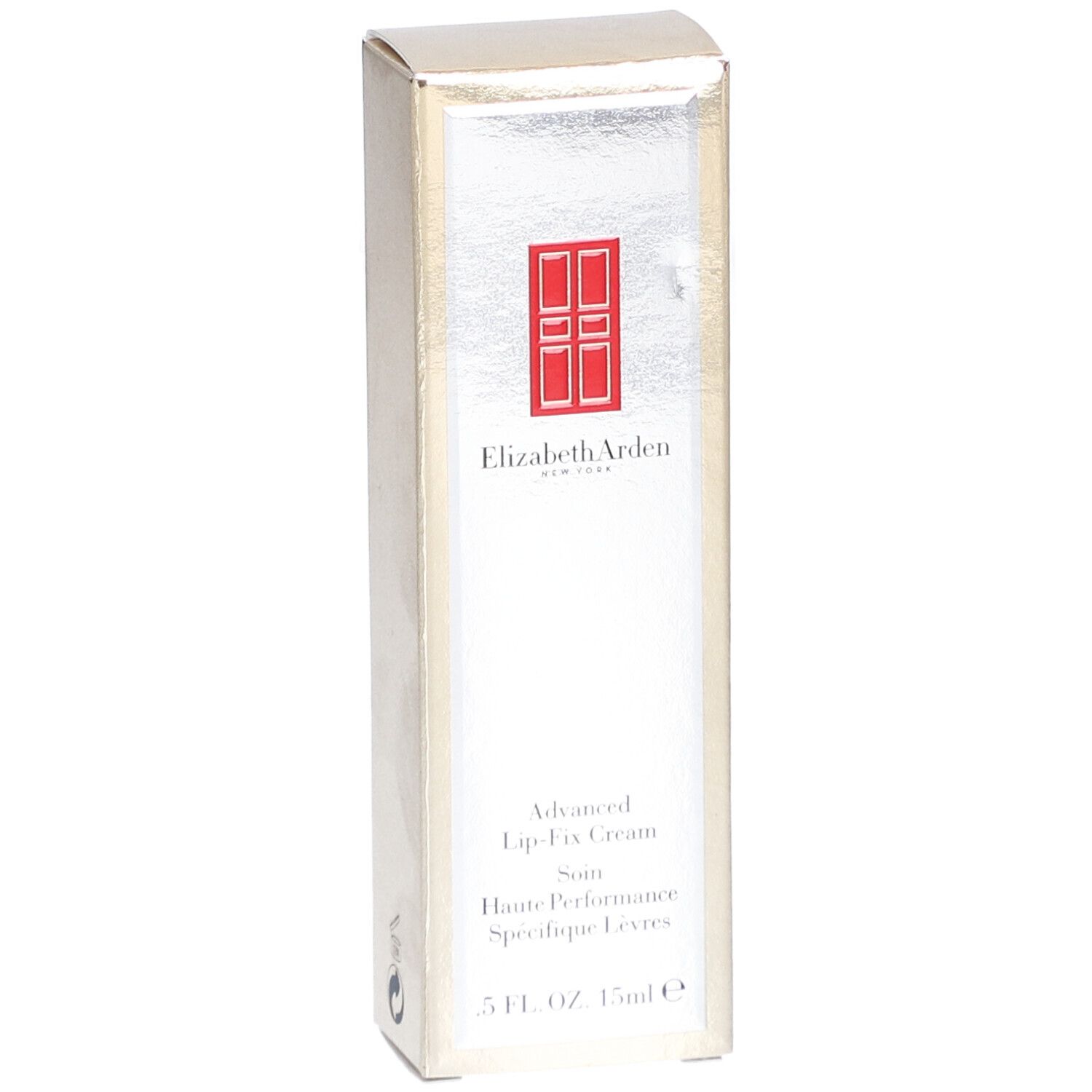 Scatola Elizabeth Arden Advanced Lip-Fix Cream. Fronte argento, logo rosso e nome del prodotto. 15ml.