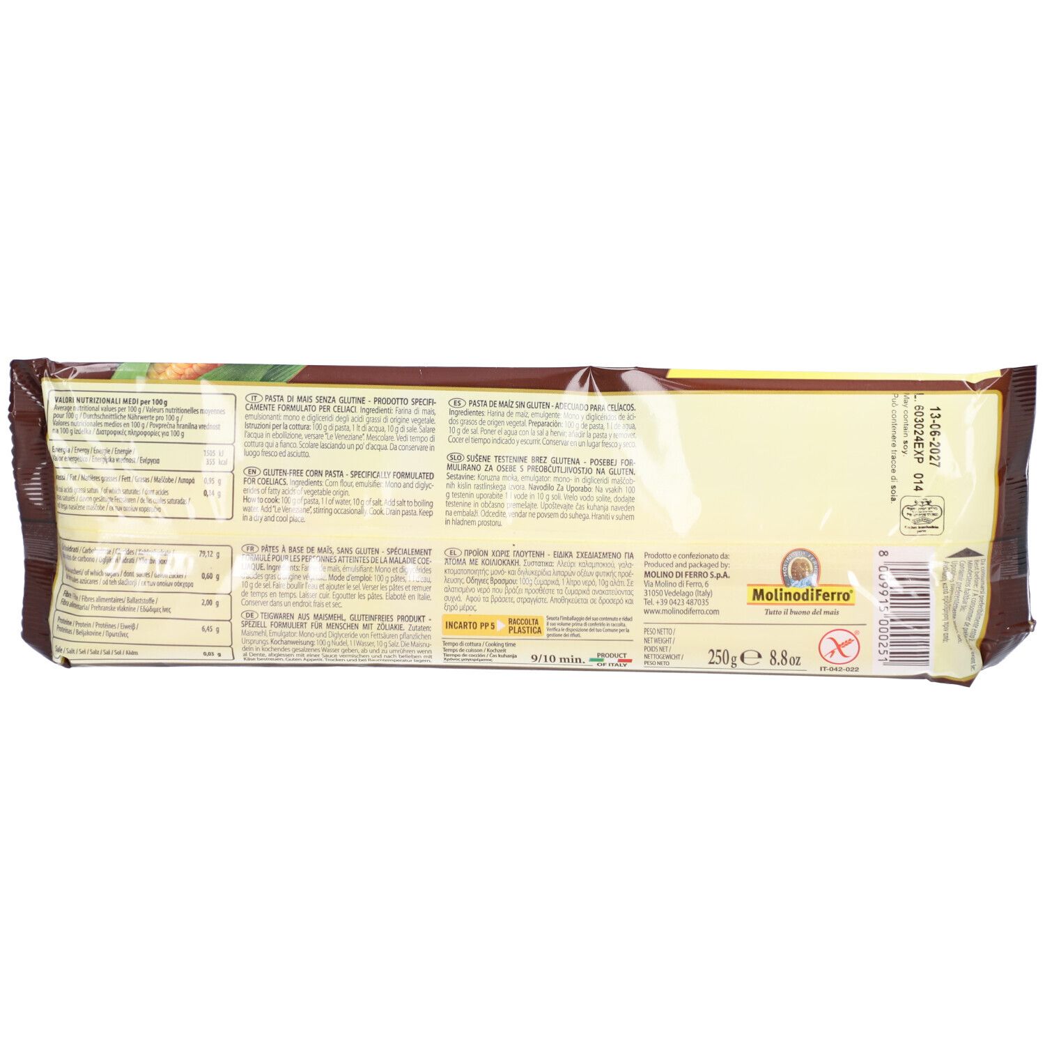 Retro della confezione Le Veneziane Spaghetti Maispasta glutenfrei. Testo e informazioni nutrizionali.