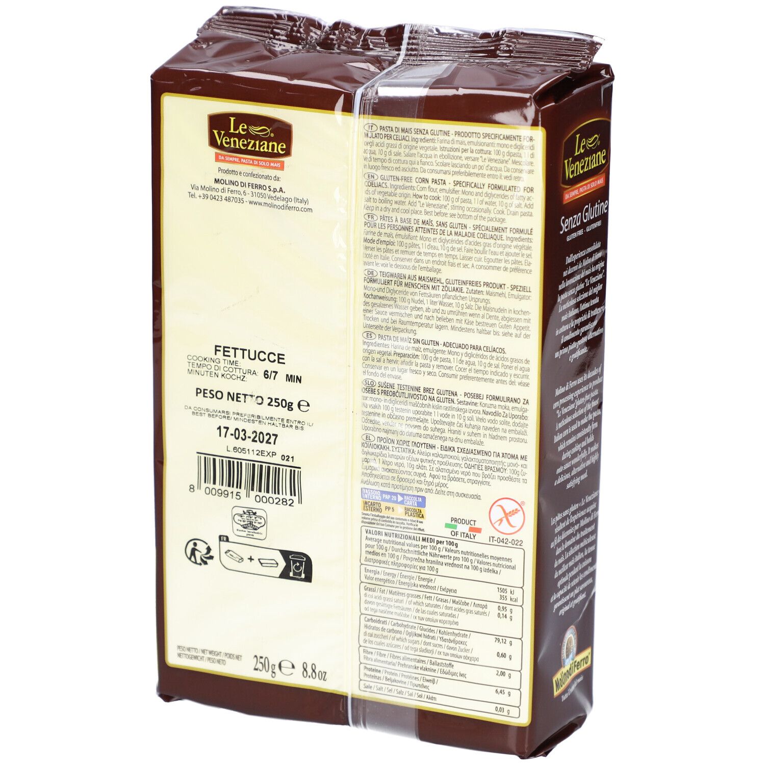 Retro della confezione Le Veneziane Fettuccine Bandnudeln senza glutine. Informazioni testuali, valori nutrizionali e logo.