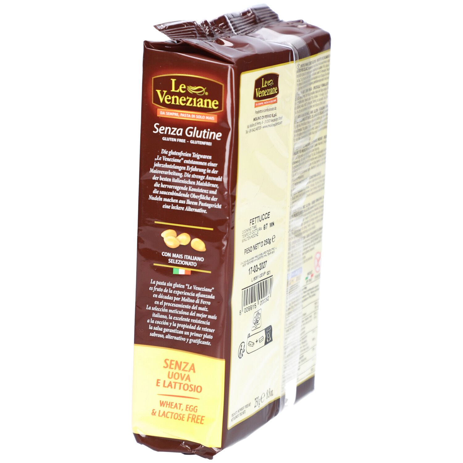 Le Veneziane Fettuccine Bandnudeln senza glutine, confezione marrone. Vista obliqua con nome e testi.