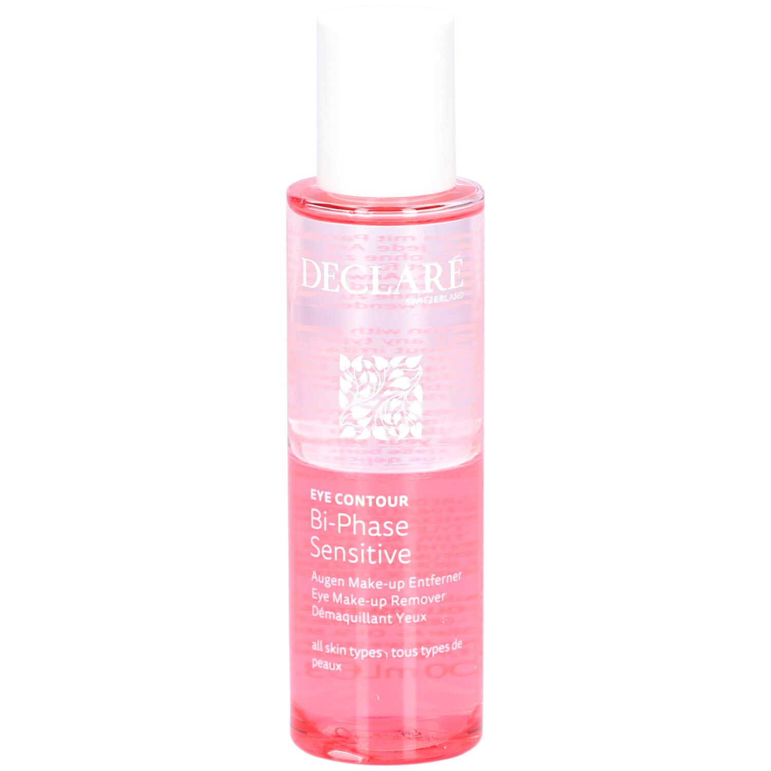 Struccante occhi bifasico. Tappo bianco, flacone trasparente con liquido rosa. Logo DECLARE e nome del prodotto visibili.