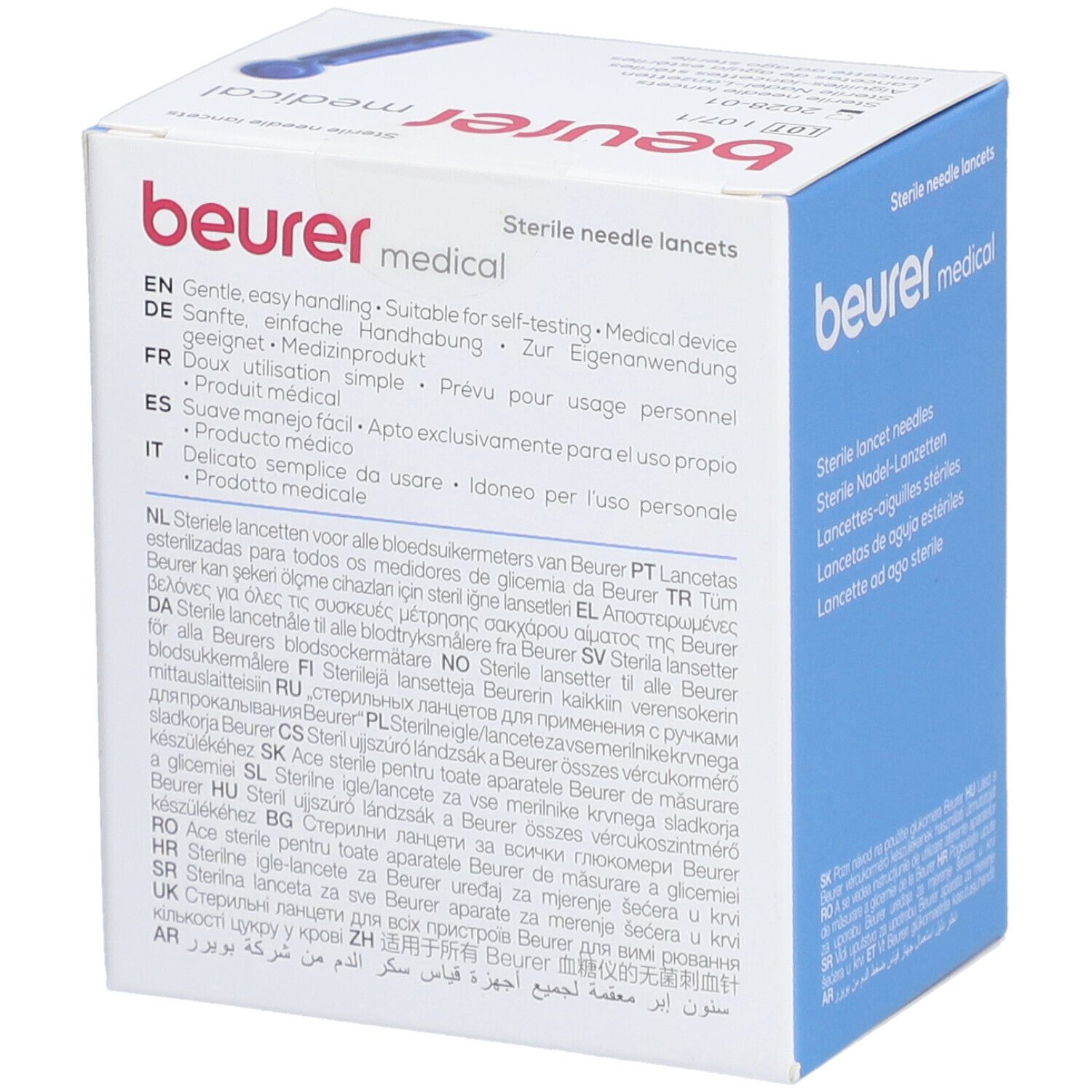 Confezione di lancette sterili Beurer Medical. Testo multilingue.