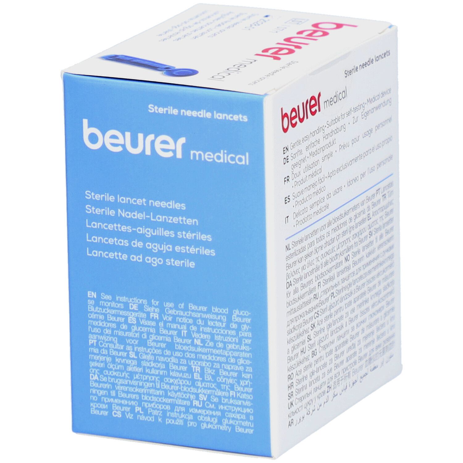 Confezione di lancette sterili Beurer Medical. Testo multilingue.