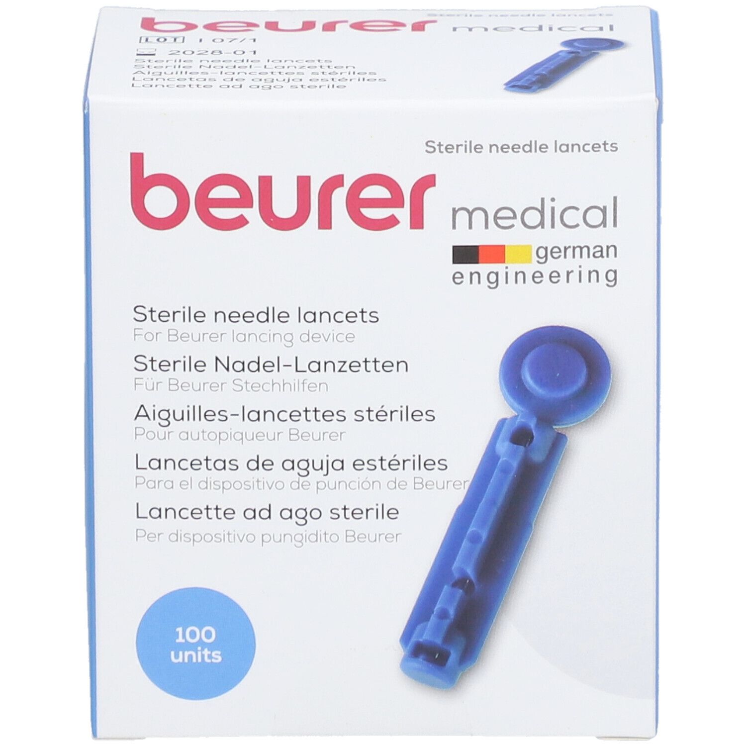 Confezione di lancette sterili Beurer Medical. Lancetta blu visibile. 100 unità.