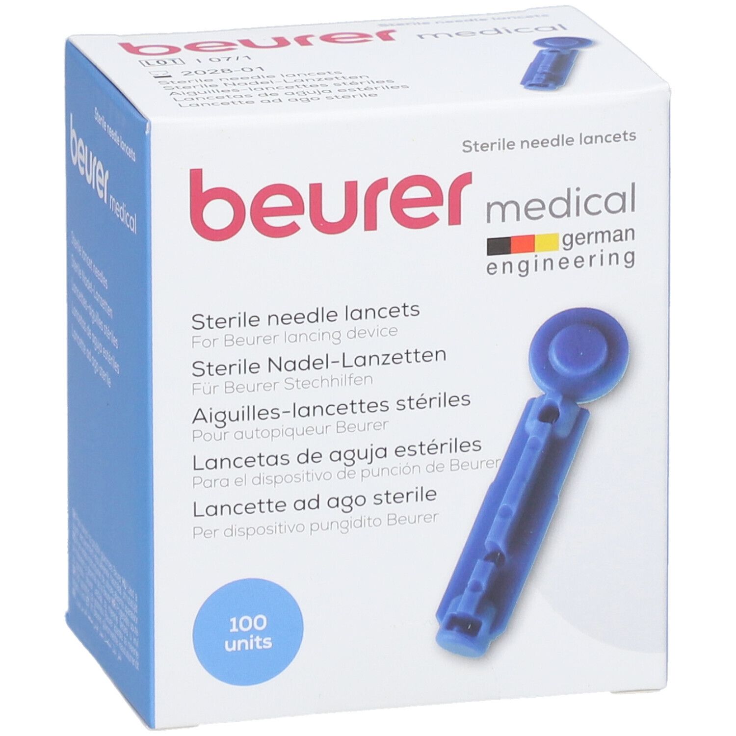 Confezione di lancette sterili Beurer Medical. Lancetta blu visibile. 100 unità.