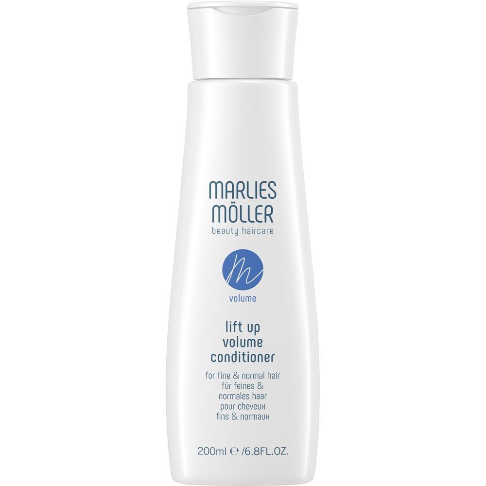 Flacone bianco Marlies Möller Volume Conditioner. Scritta blu. 200ml. Per capelli fini e normali.