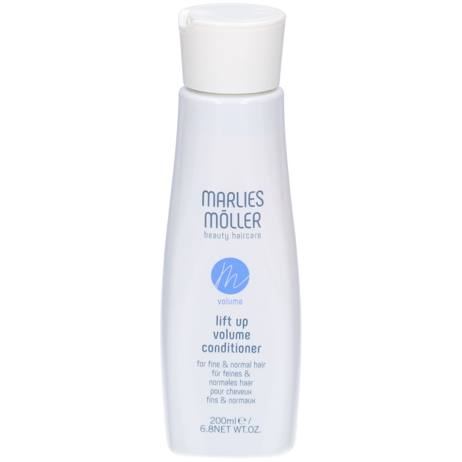 Flacone bianco Marlies Möller Volume Conditioner. Scritta blu. 200ml. Per capelli fini e normali.
