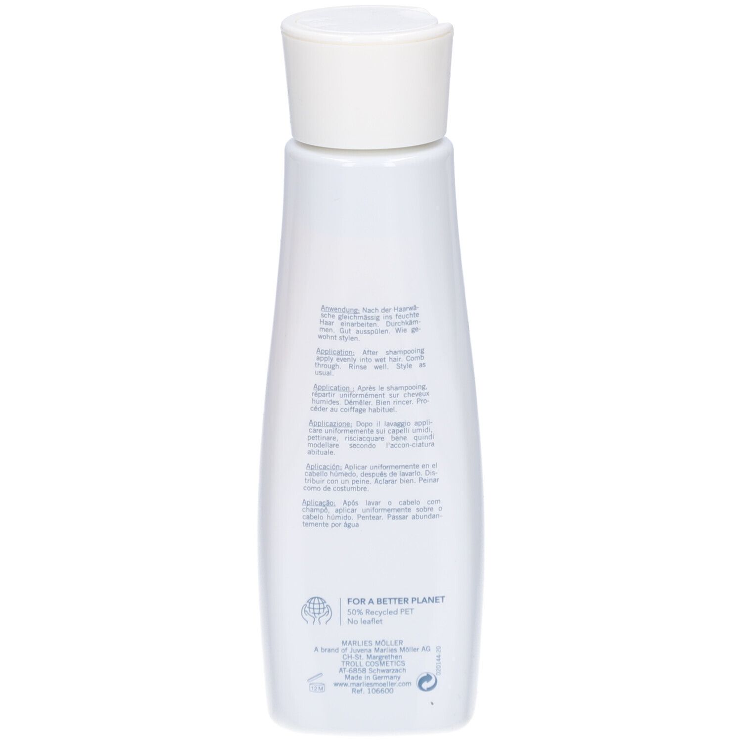 Retro del flacone Marlies Möller Volume Conditioner. Testo multilingue. 50% PET riciclato.