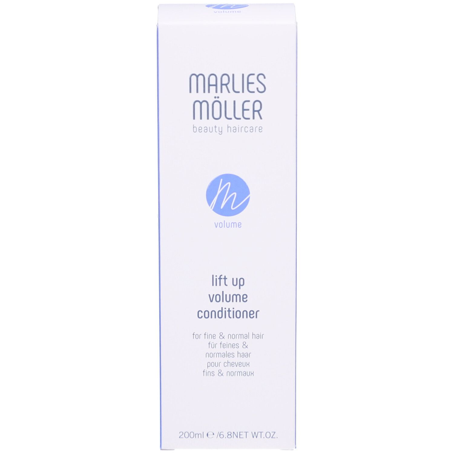 Confezione Marlies Möller Volume Conditioner. Confezione bianca con scritta blu.