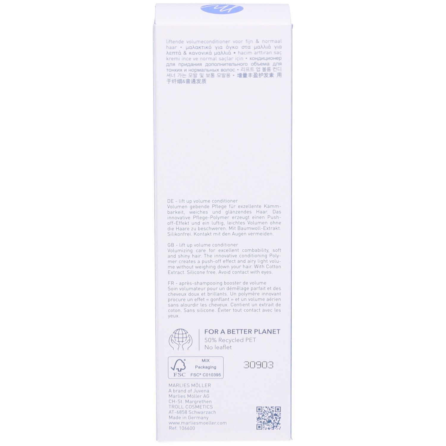Lato della confezione Marlies Möller Volume Conditioner. Testo multilingue.