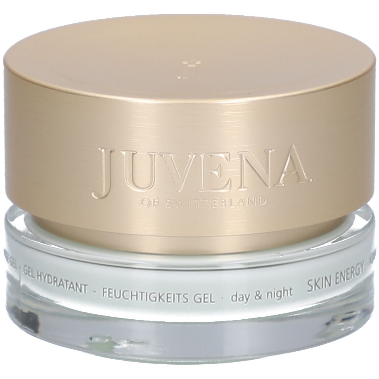 Vasetto di crema con coperchio dorato. Scritta: JUVENA OF SWITZERLAND. Testo: SKIN ENERGY AQUA RECHARGE GEL.