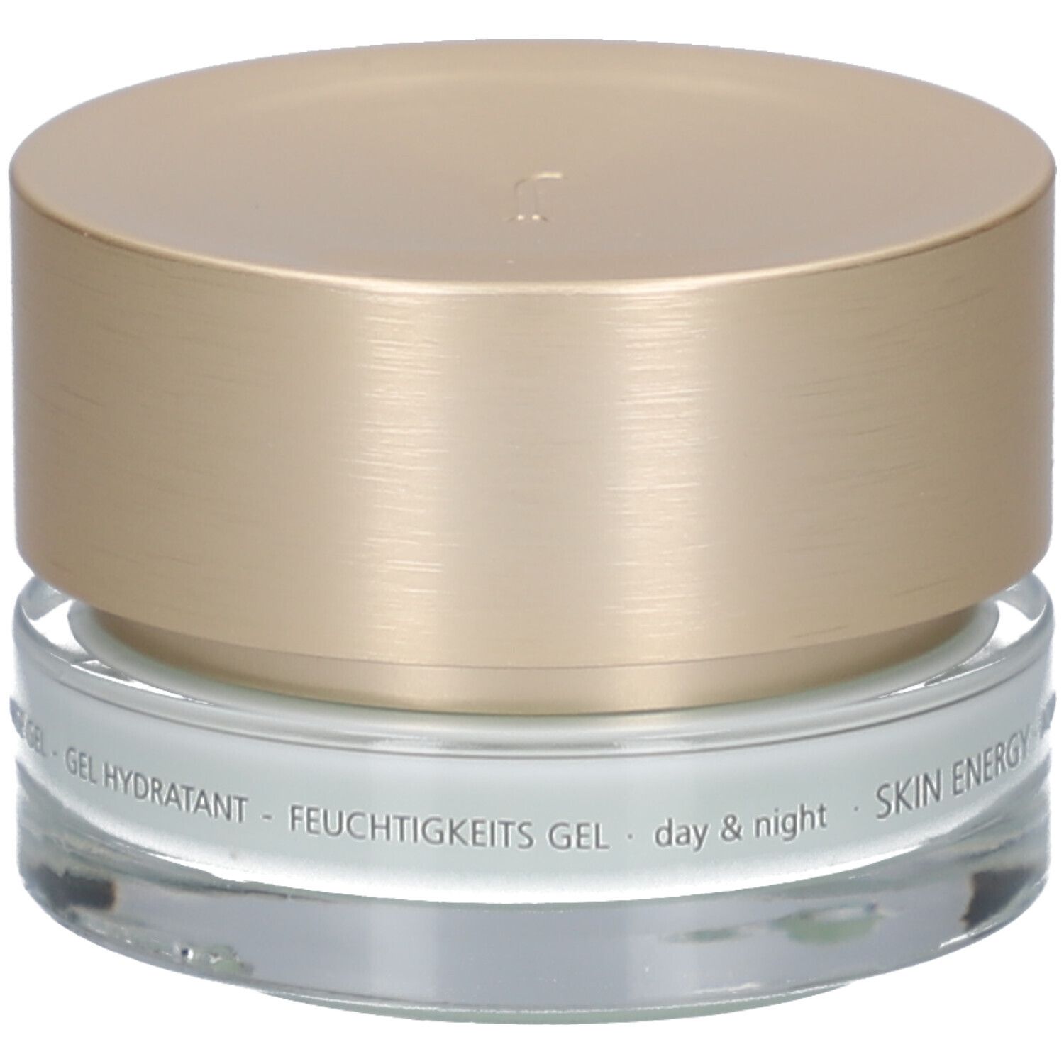 Vasetto di crema con coperchio dorato. Scritta: JUVENA OF SWITZERLAND. Testo: SKIN ENERGY AQUA RECHARGE GEL.
