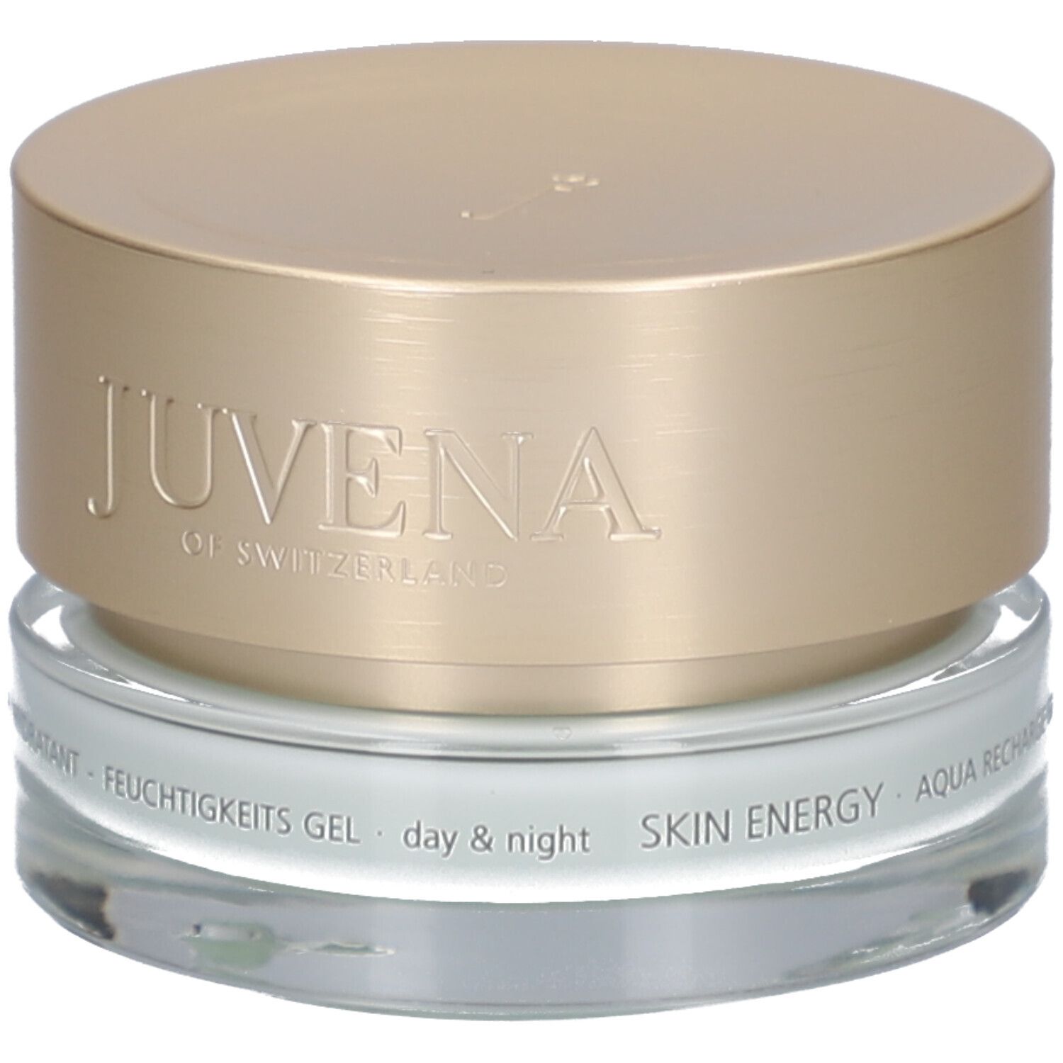 Vasetto di crema con coperchio dorato. Scritta: JUVENA OF SWITZERLAND. Testo: SKIN ENERGY AQUA RECHARGE GEL.