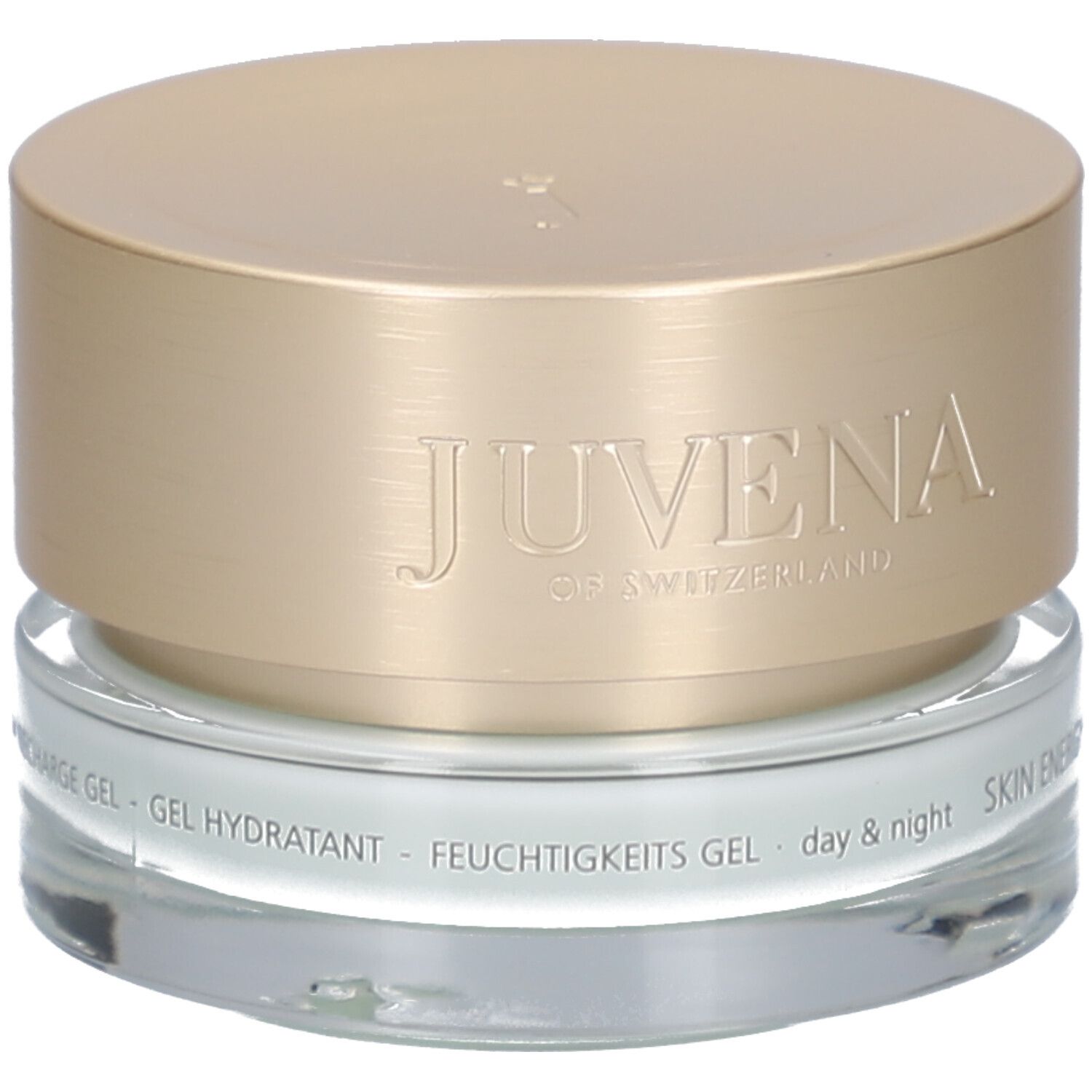 Vasetto di crema con coperchio dorato. Scritta: JUVENA OF SWITZERLAND. Testo: SKIN ENERGY AQUA RECHARGE GEL.