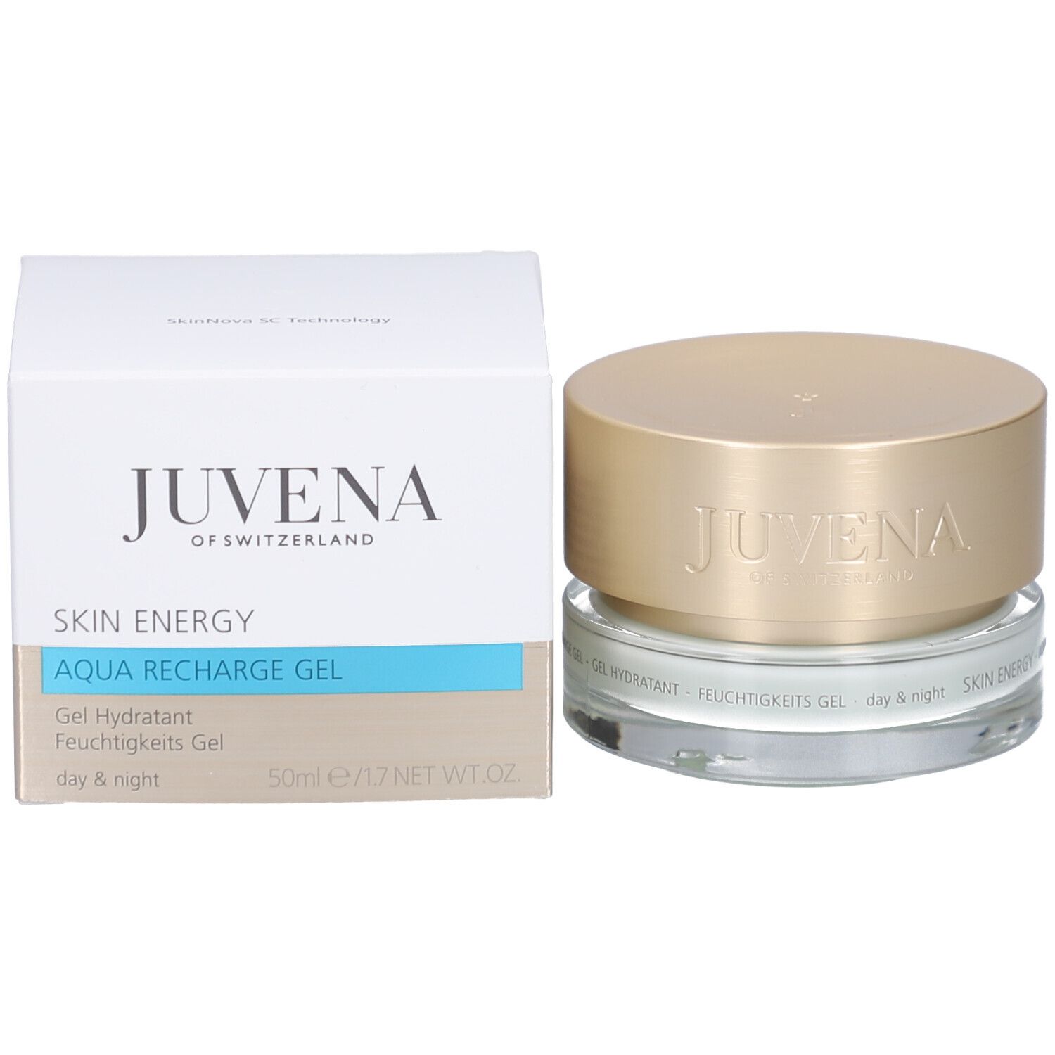 Vasetto di crema con coperchio dorato. Scritta: JUVENA OF SWITZERLAND. Testo: SKIN ENERGY AQUA RECHARGE GEL.