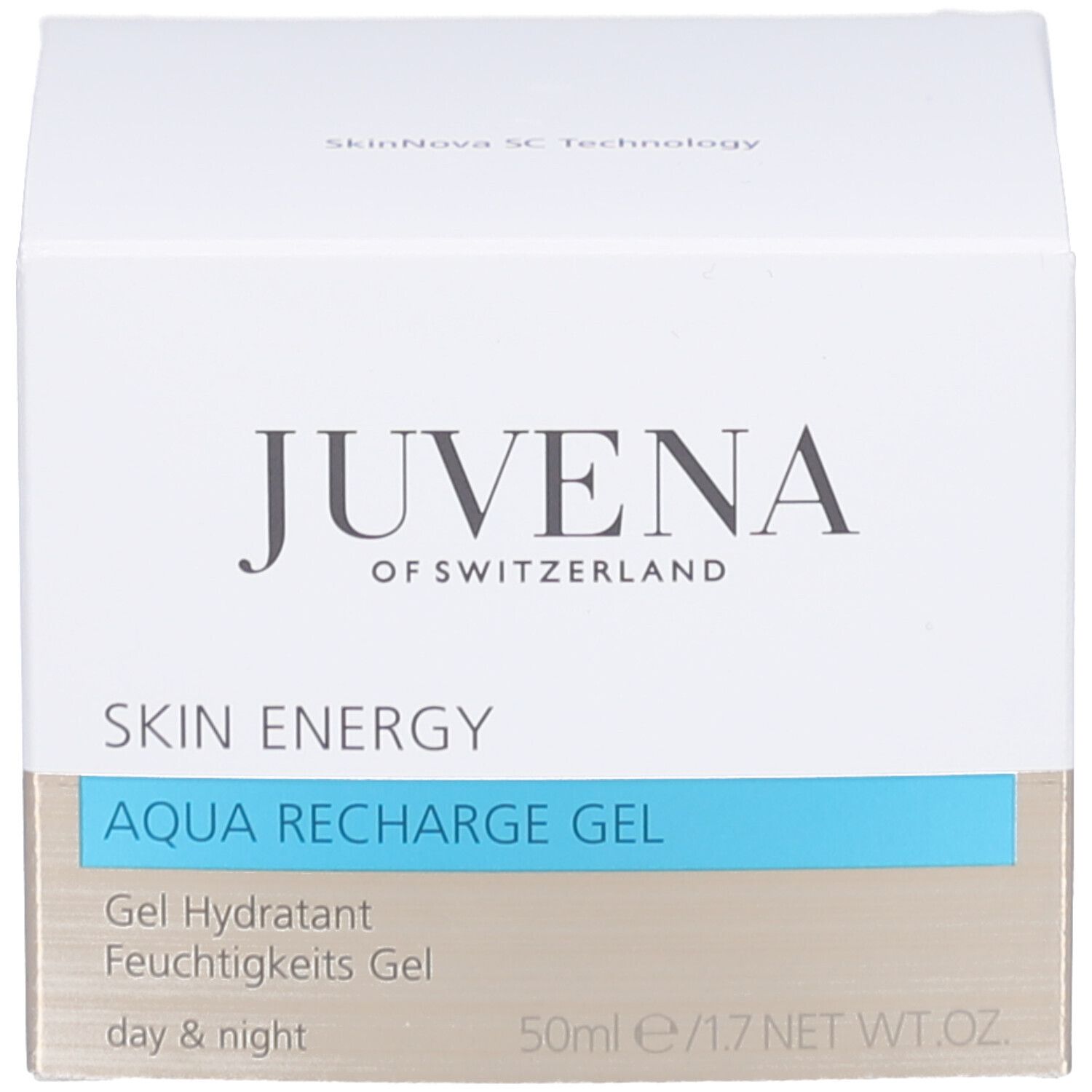 Vasetto di crema con coperchio dorato. Scritta: JUVENA OF SWITZERLAND. Testo: SKIN ENERGY AQUA RECHARGE GEL.