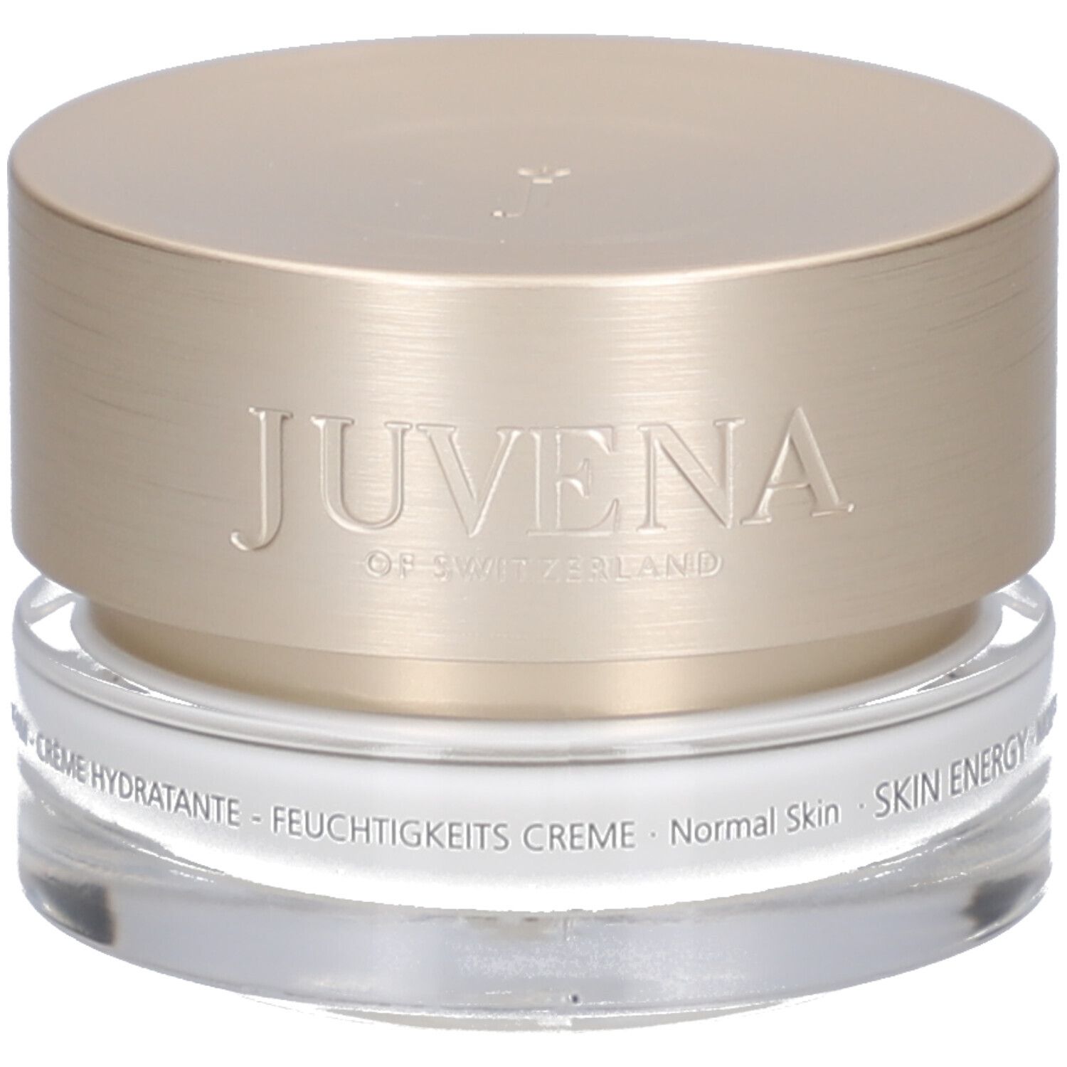 Vasetto di crema con coperchio dorato. "JUVENA OF SWITZERLAND" sul coperchio. "SKIN ENERGY" sul vasetto.