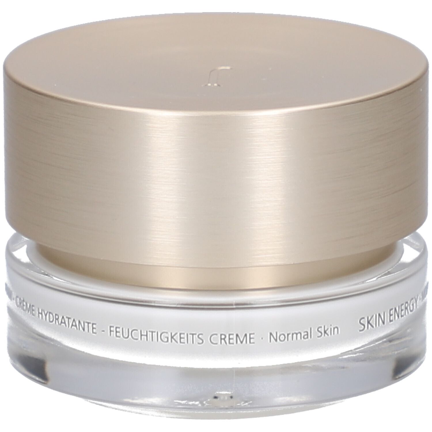 Vasetto di crema con coperchio dorato. "JUVENA OF SWITZERLAND" sul coperchio. "SKIN ENERGY" sul vasetto.
