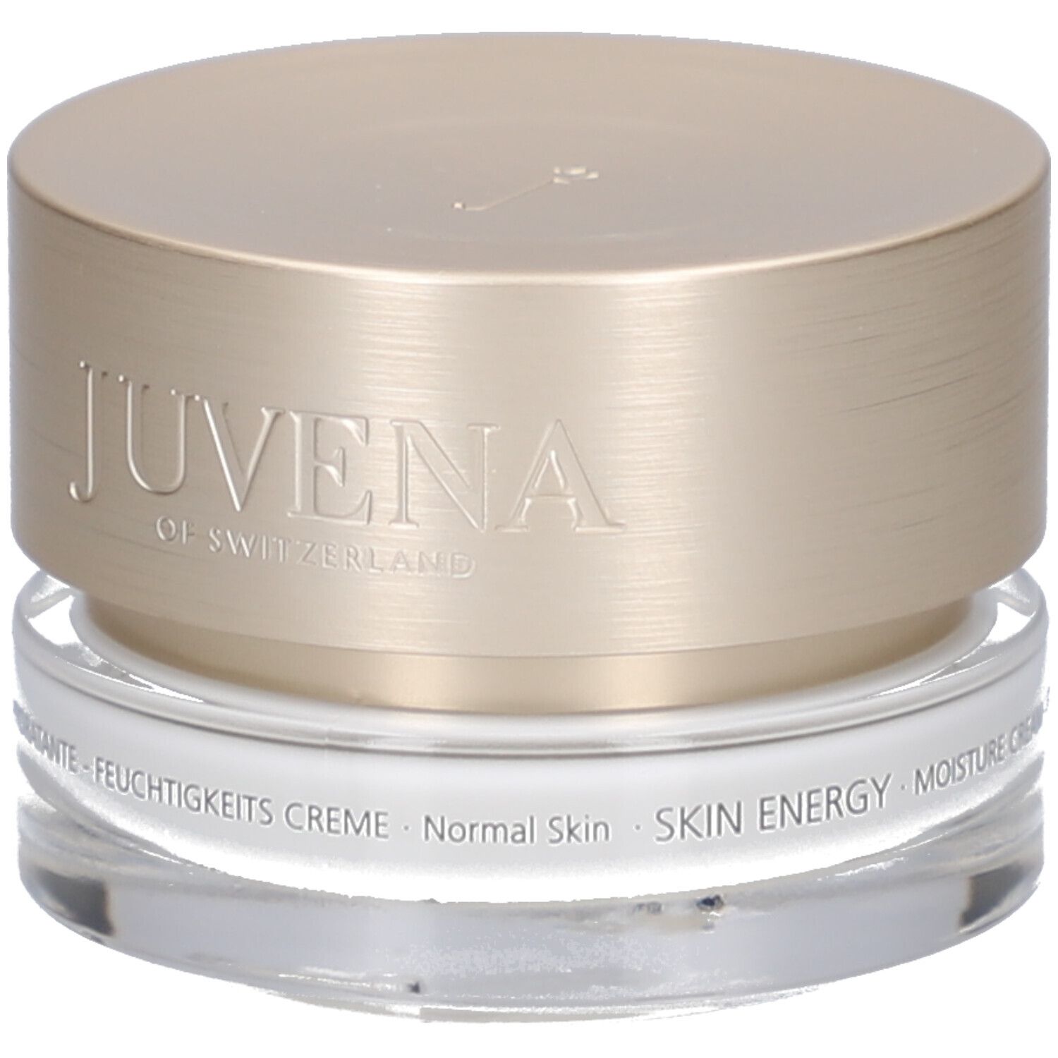 Vasetto di crema con coperchio dorato. "JUVENA OF SWITZERLAND" sul coperchio. "SKIN ENERGY" sul vasetto.