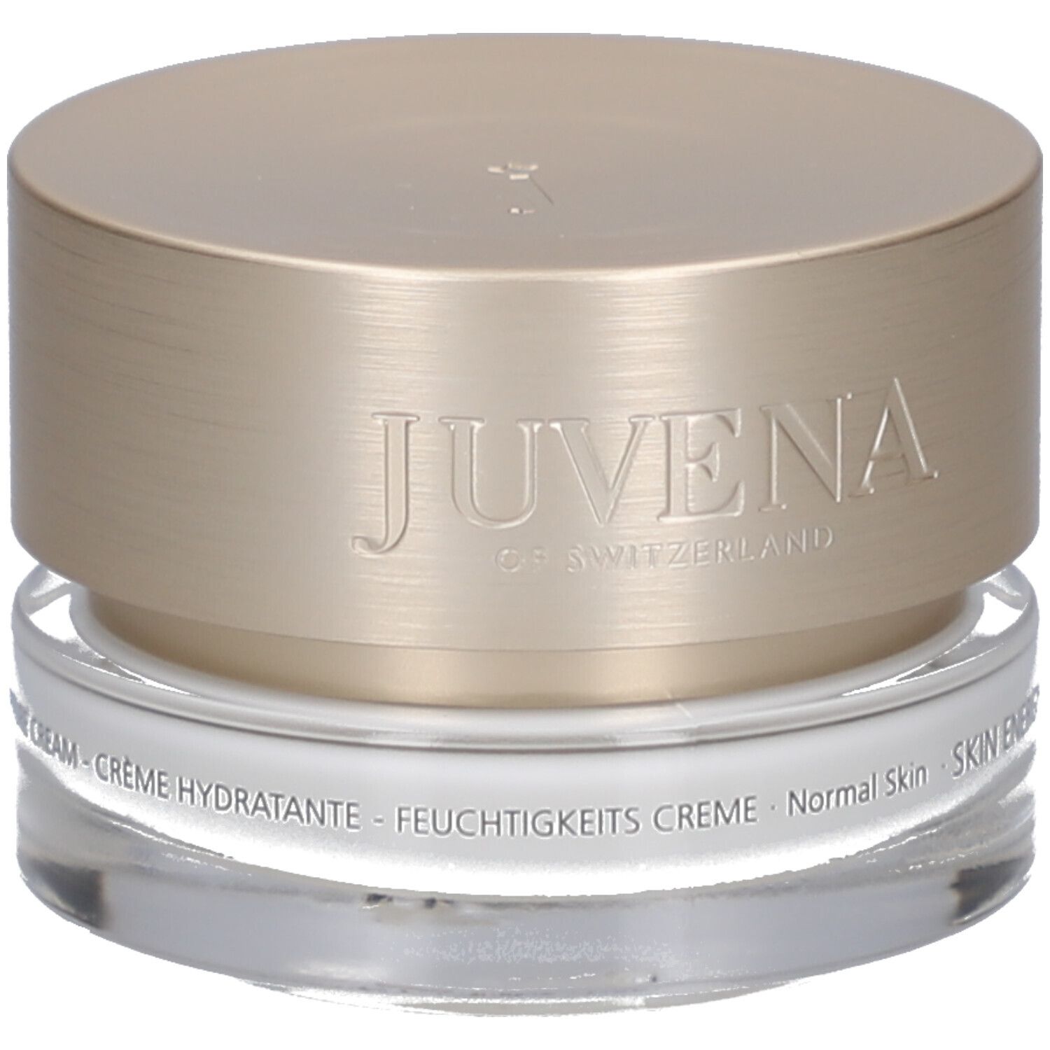 Vasetto di crema con coperchio dorato. "JUVENA OF SWITZERLAND" sul coperchio. "SKIN ENERGY" sul vasetto.