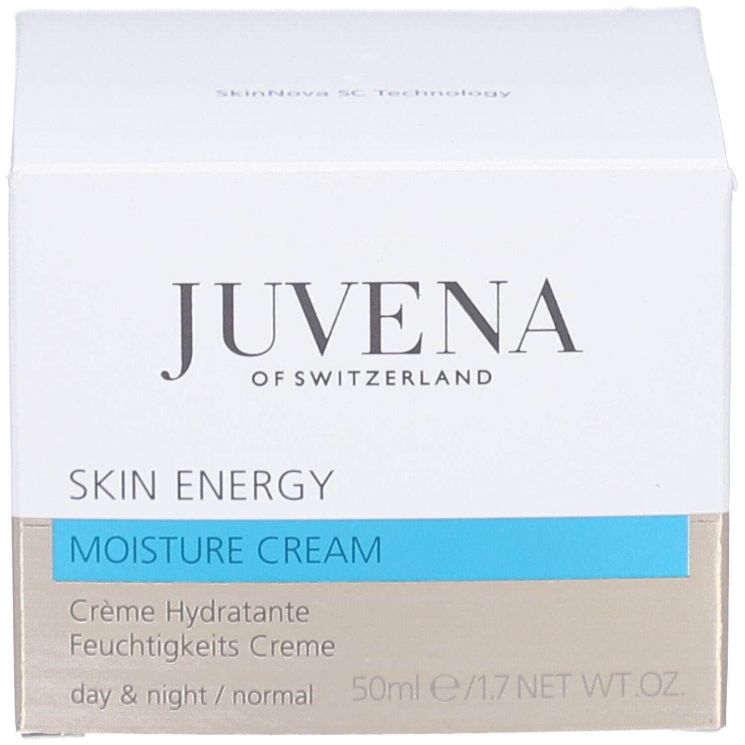 Confezione con "JUVENA OF SWITZERLAND" e "SKIN ENERGY". Colori blu e bianco.