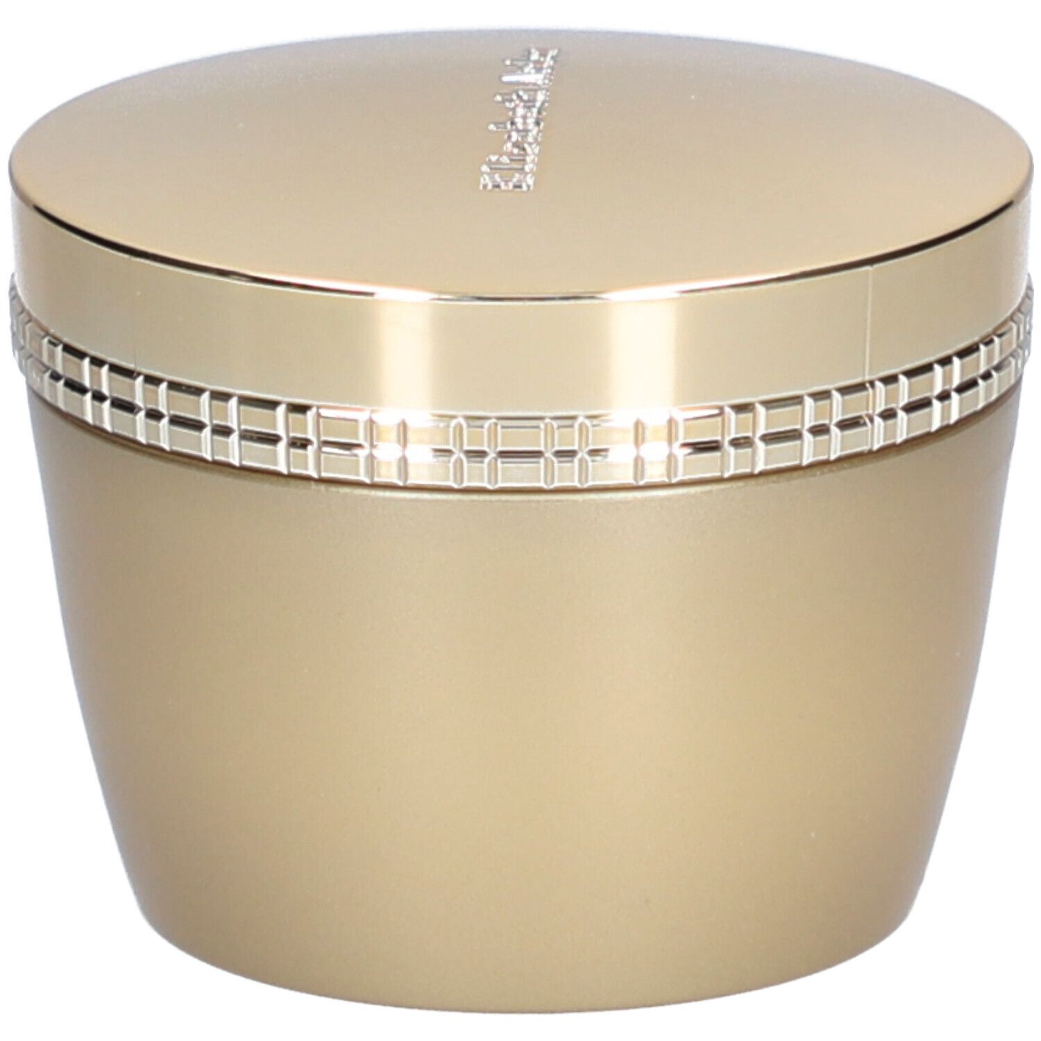 Vaso dorato con coperchio. Scritta sul coperchio. Anello con motivo quadrato. Prodotto cosmetico.